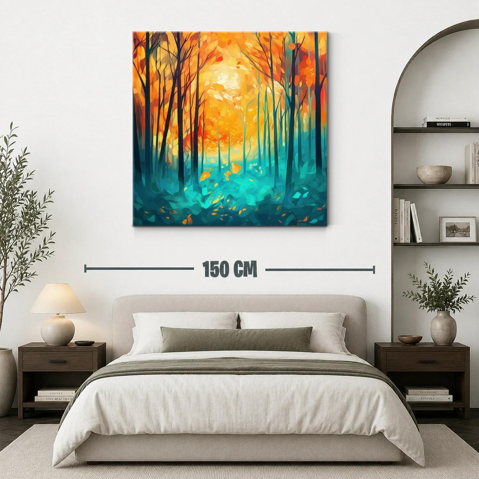 Bosque vibrante con árboles al amanecer en tonos cálidos — miniatura 3