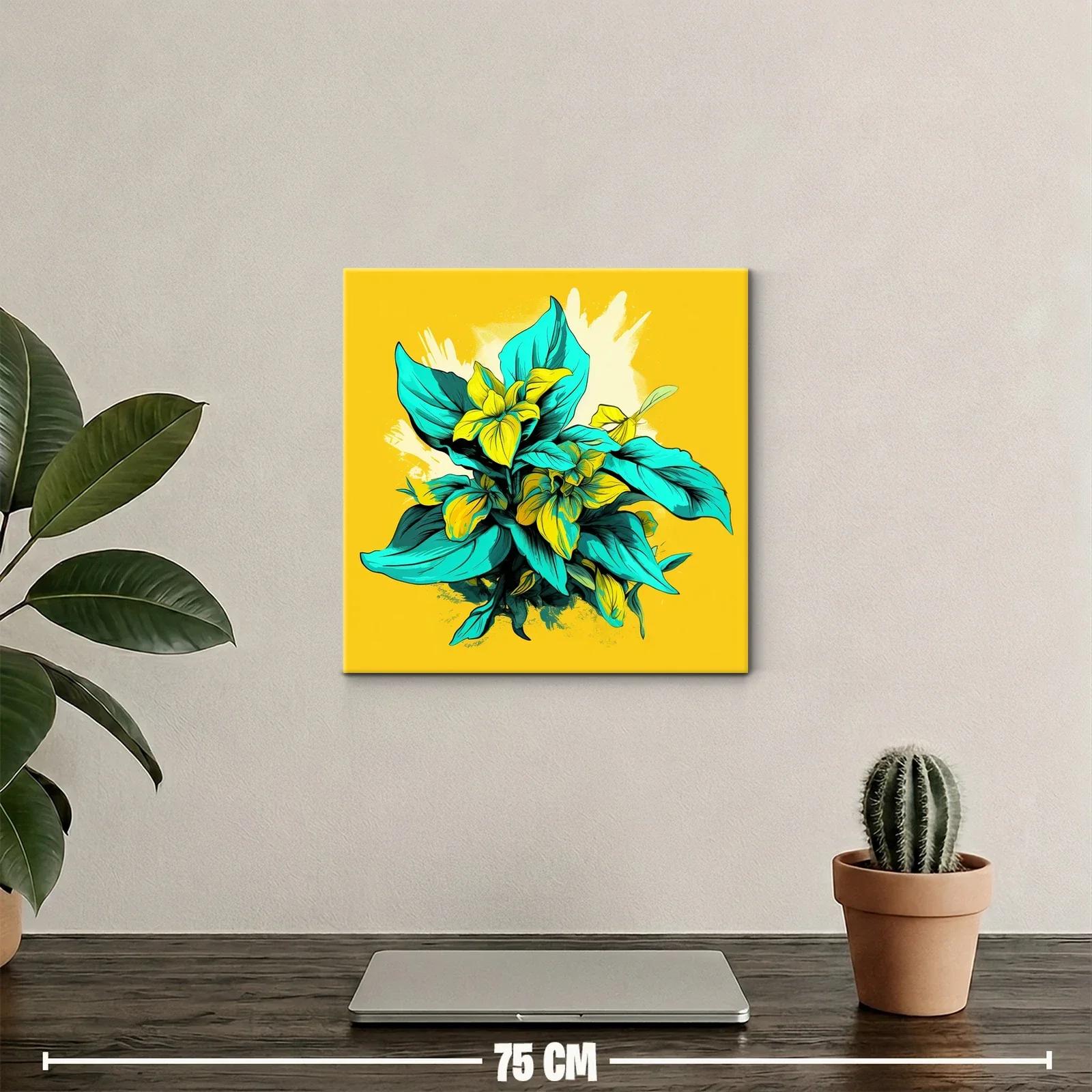 Composición Vibrante con Flores y Hojas en Amarillo y Turquesa — miniatura 2
