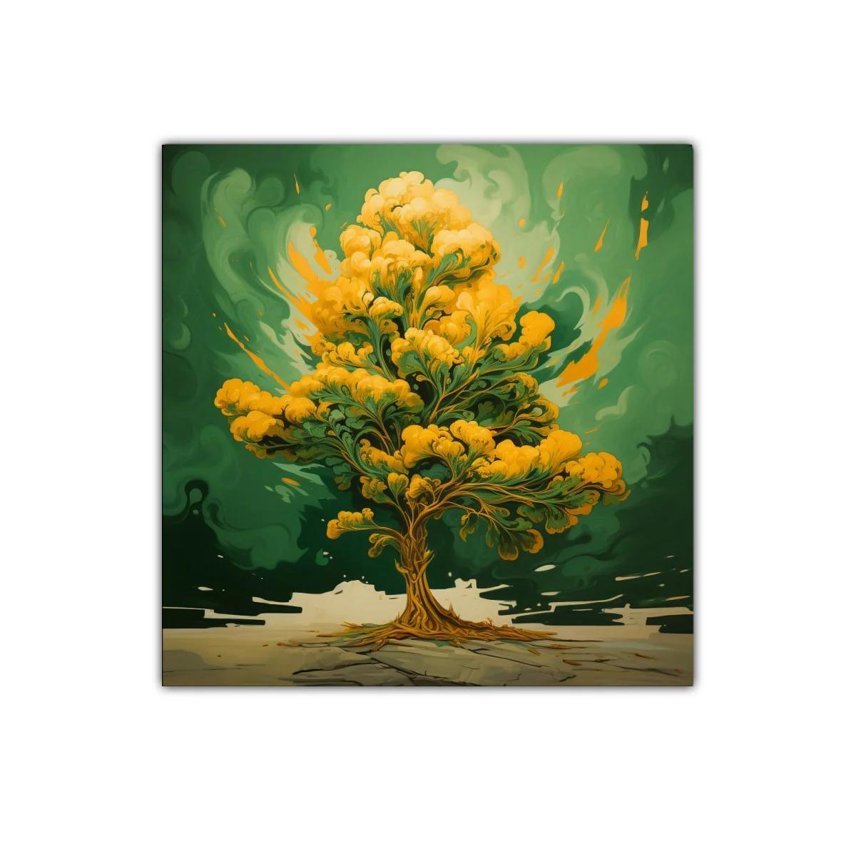 Árbol dorado vibrante sobre fondo verde intenso