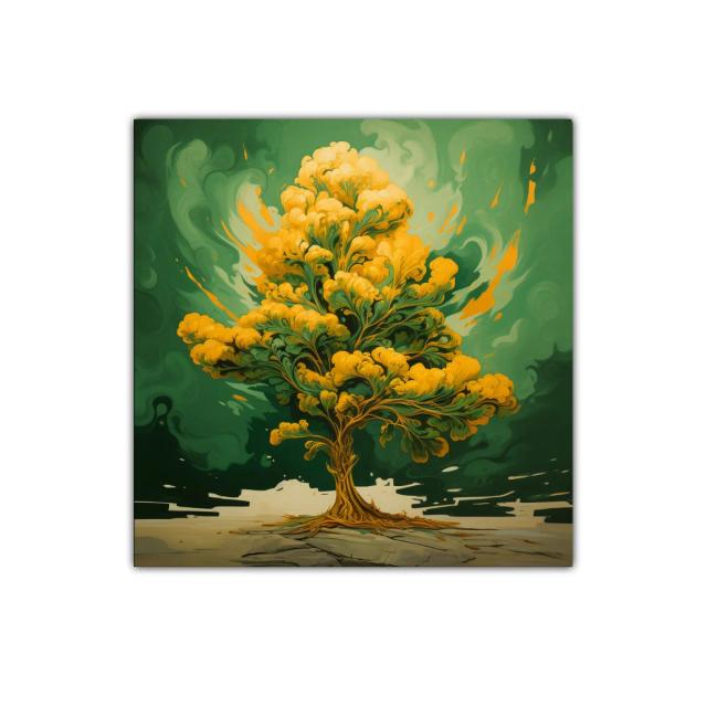 Árbol dorado vibrante sobre fondo verde intenso