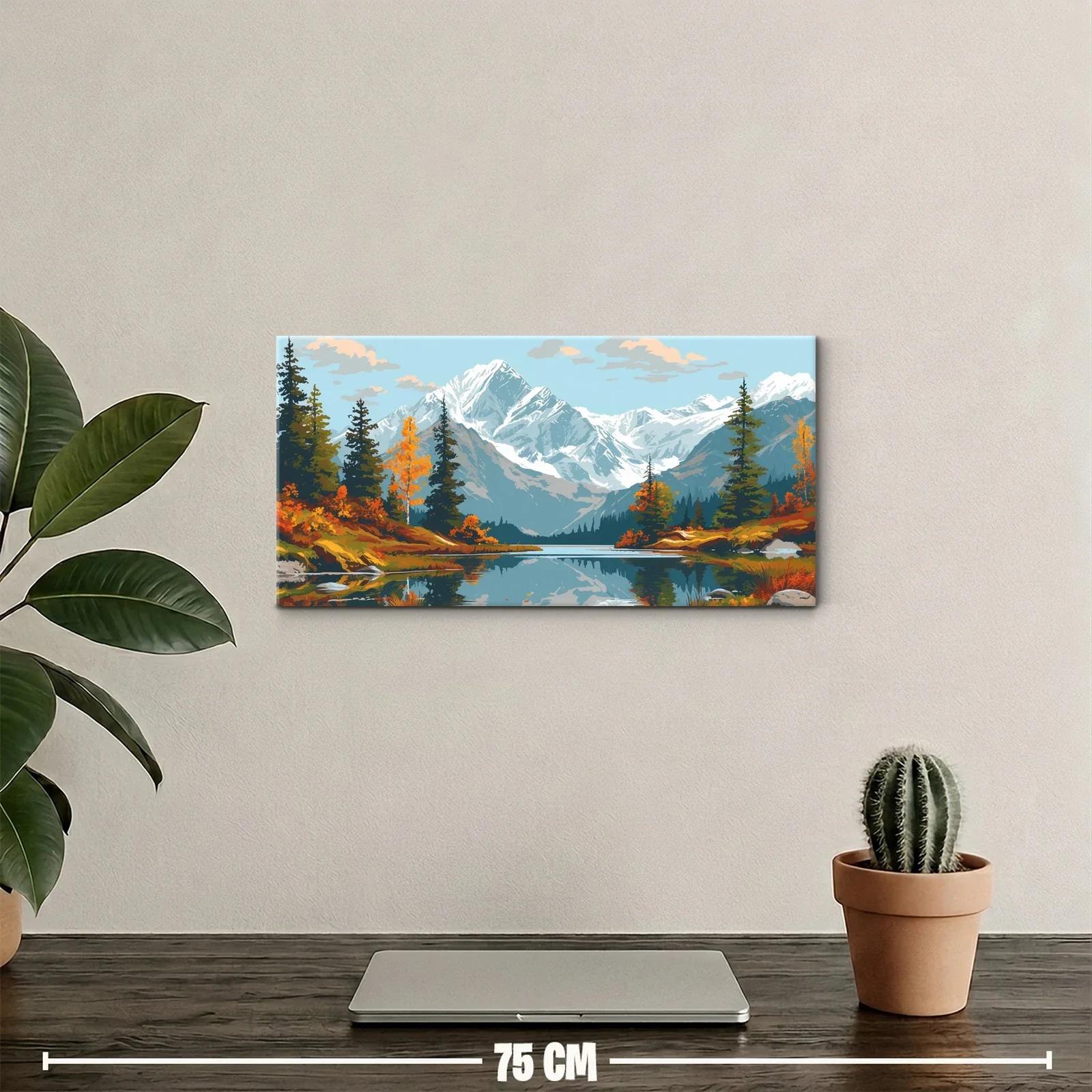 Cuadro lago de montaña con bosque de coníferas y tonos otoñales — miniatura 2