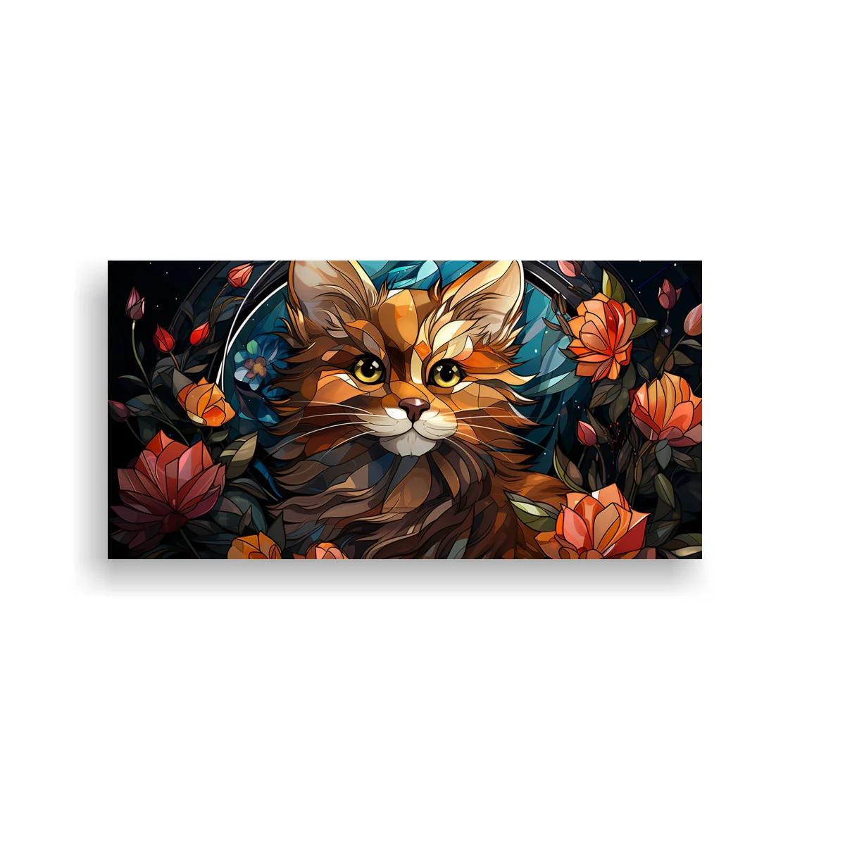 Cuadro gato naranja de pelo largo con flores y fondo oscuro