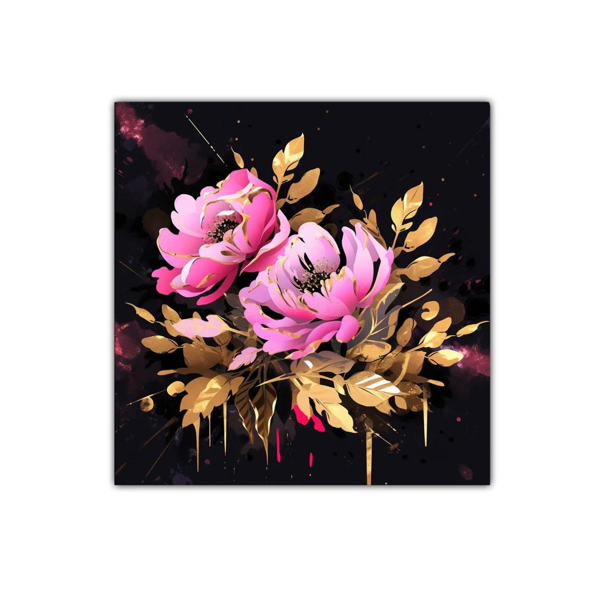 Exquisito cuadro floral con rosas rosas y hojas doradas