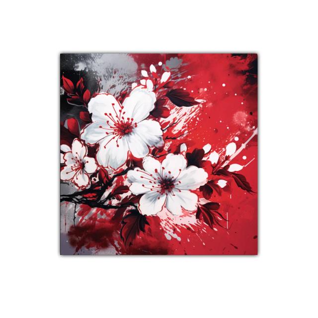 Flores blancas vibrantes sobre fondo rojo y negro moderno
