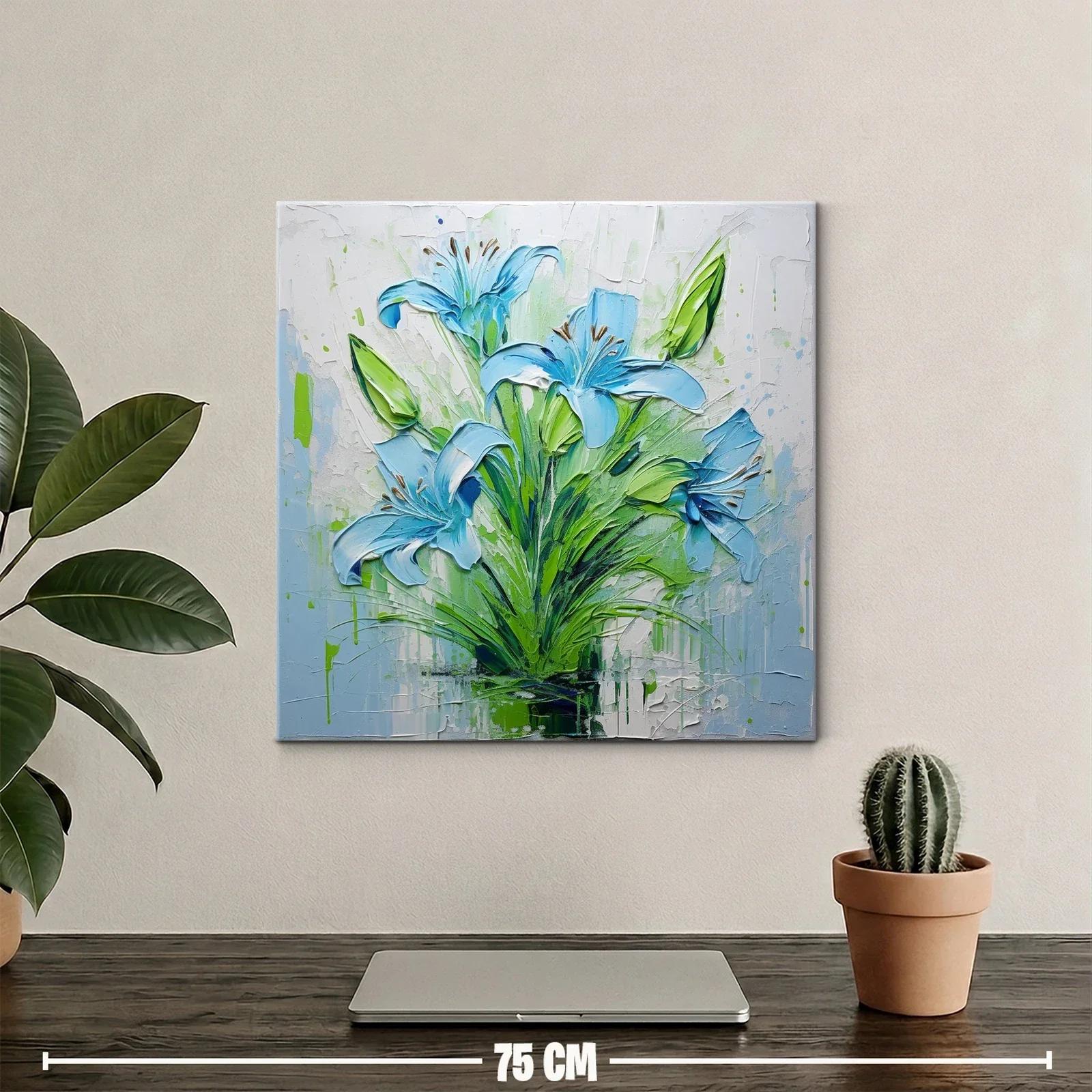 Cuadro floral intenso con lirios azules y verdes vibrantes — miniatura 2