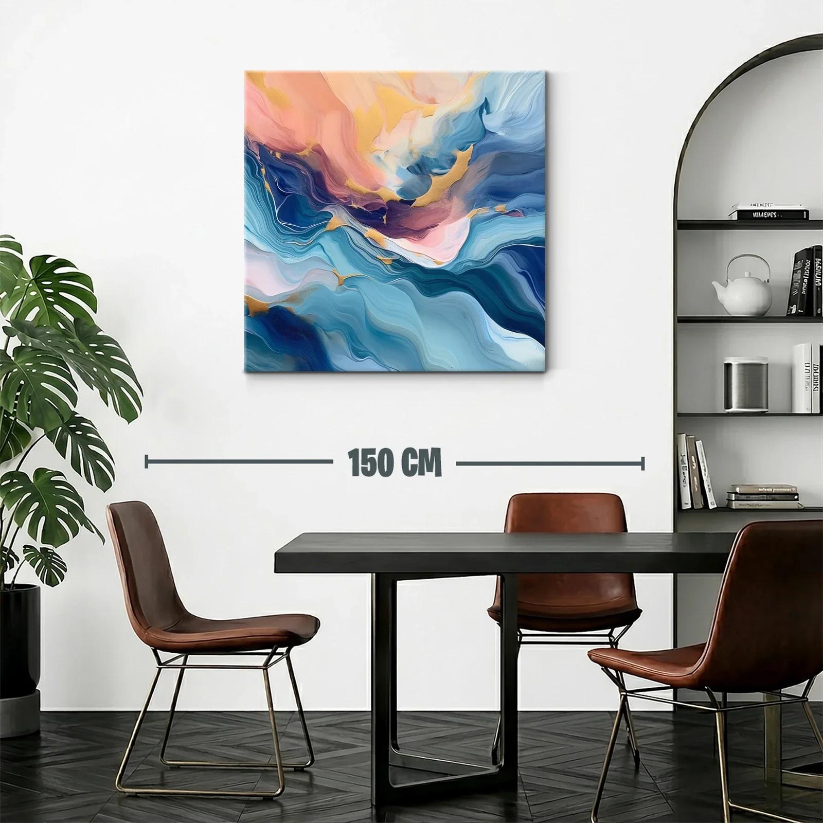 Cuadro abstracto en tonos azules y dorados con toques rosados — miniatura 2