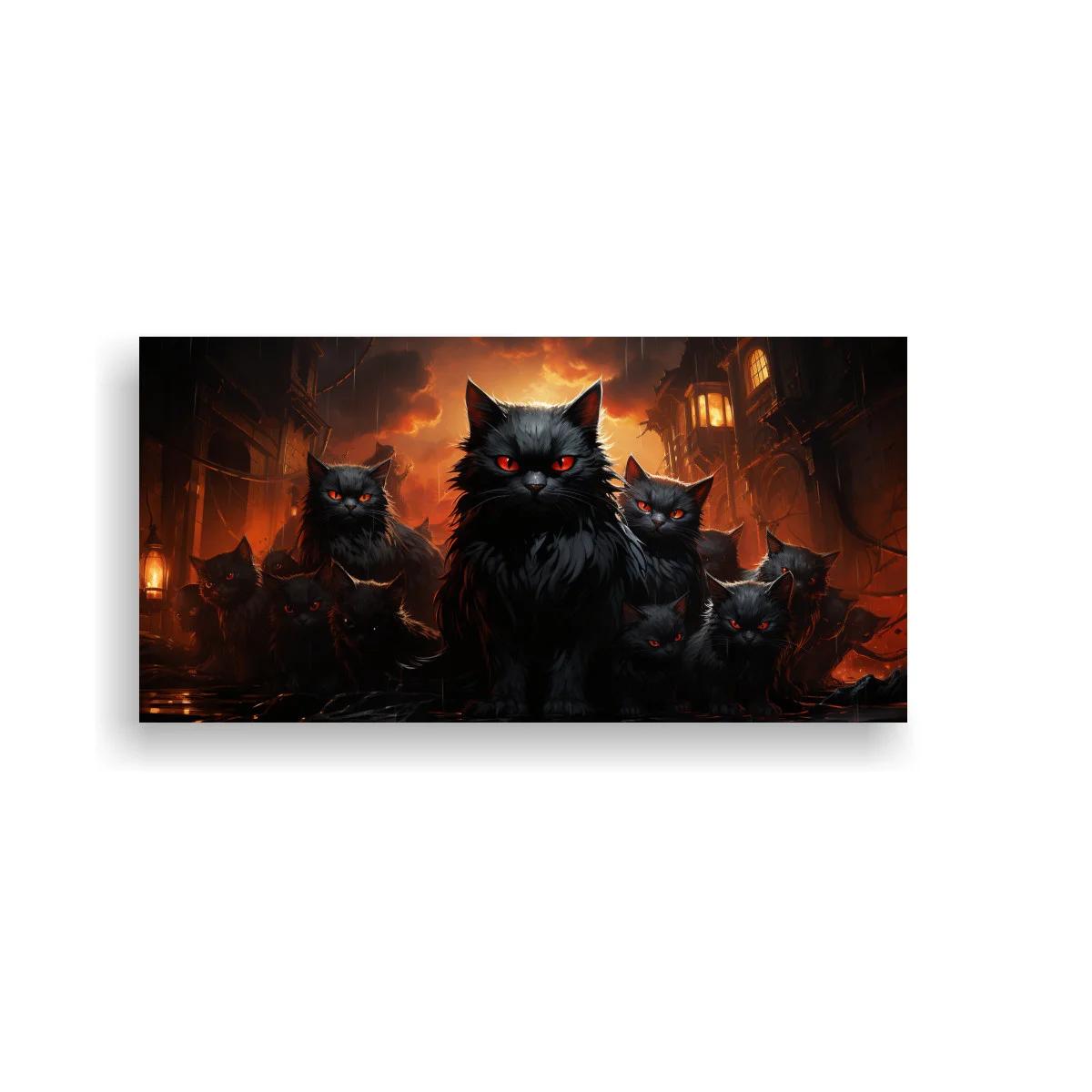 Cuadro gatos negros de ojos rojos en calle de fuego