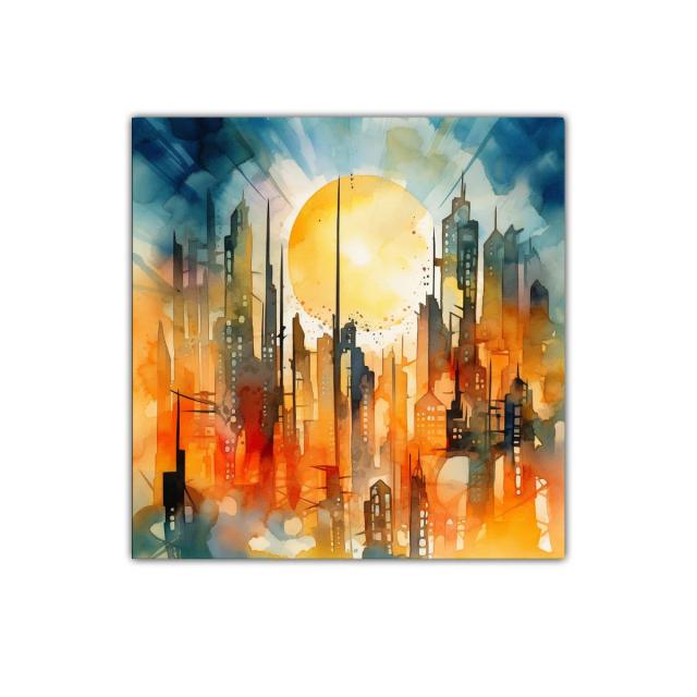 Ciudad futurista iluminada por un sol radiante en tonos cálidos