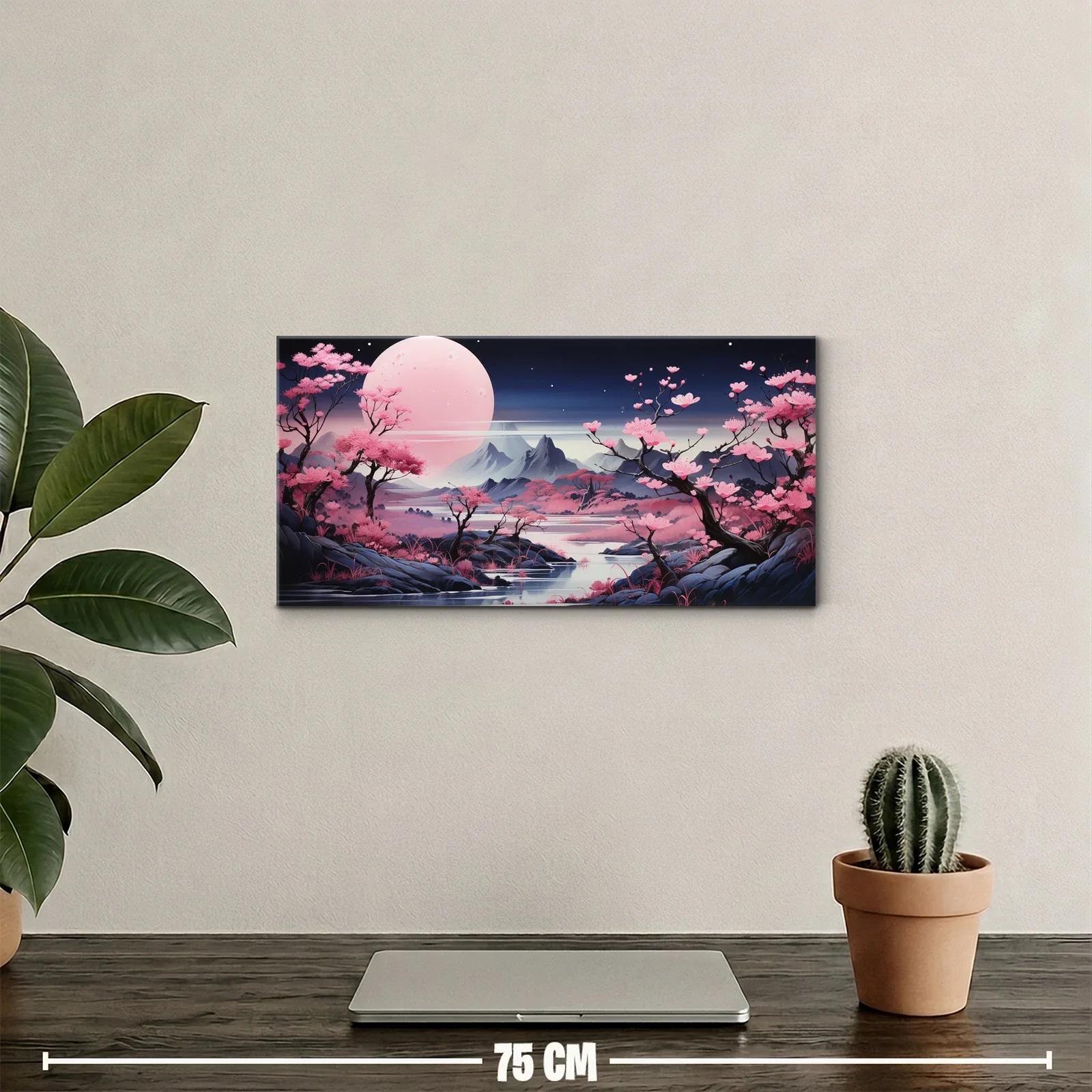 Cuadro paisaje con cerezos en flor y gran luna clara — miniatura 2