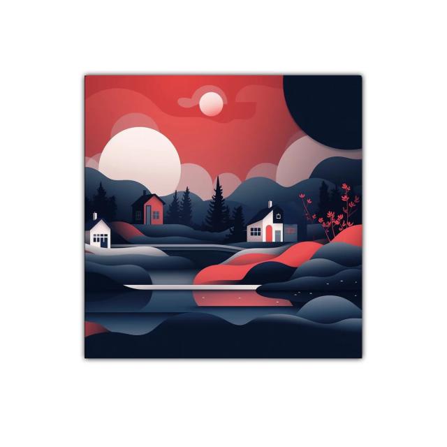 Paisaje nocturno con casas y montañas en tonos rojos y azules