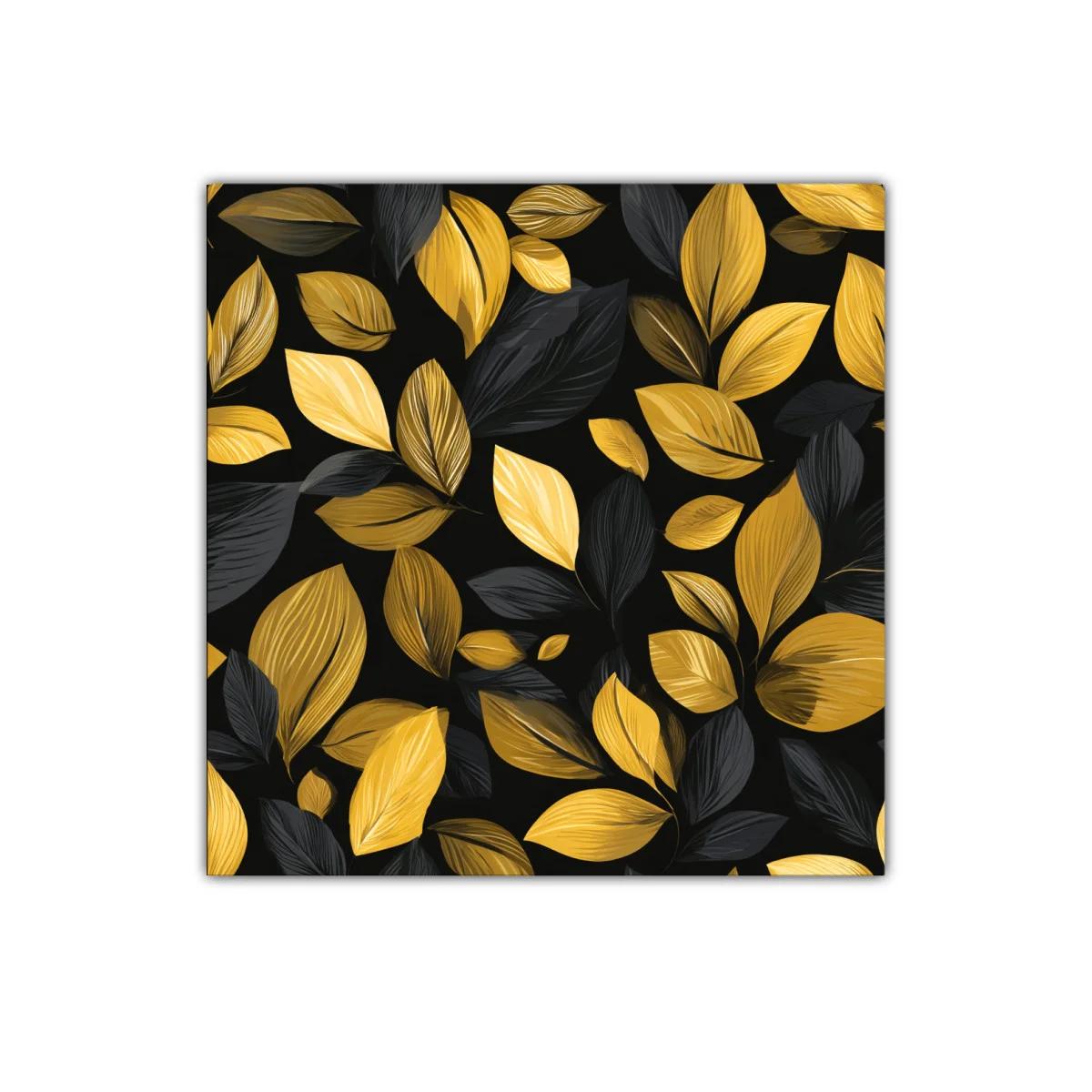 Cuadro decorativo hojas doradas y negras sobre fondo oscuro