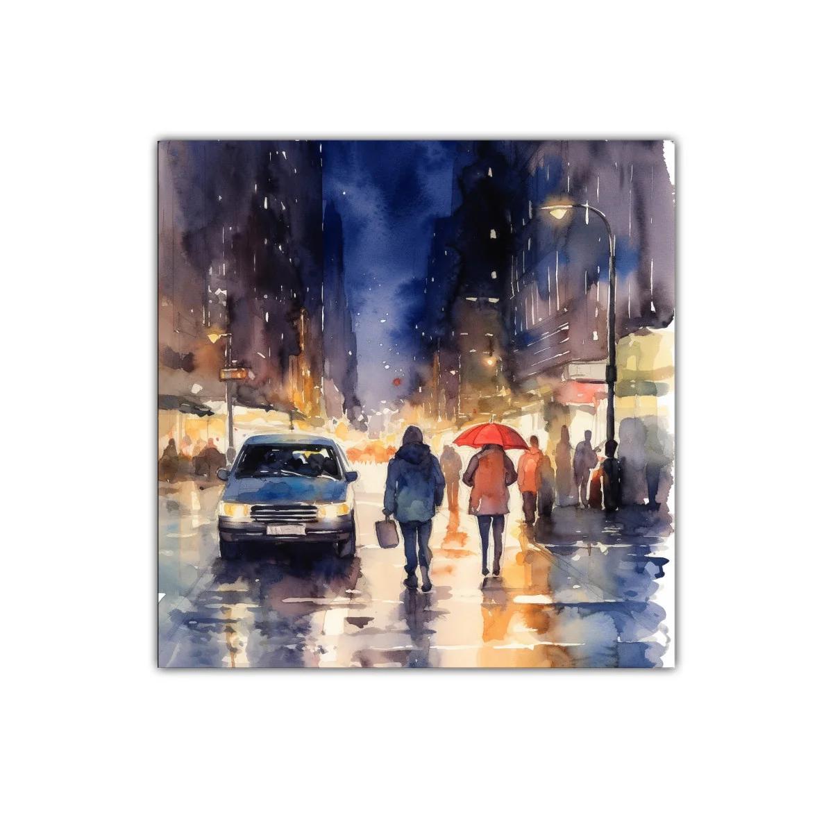 Atardecer lluvioso en ciudad con luces y siluetas urbanas — imagen principal