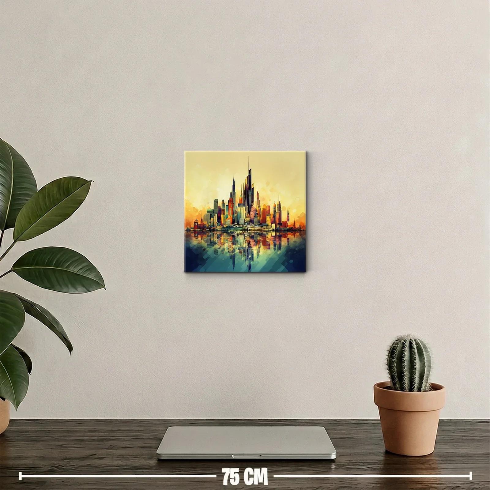 Vibrante ciudad futurista con reflejos al atardecer — miniatura 2