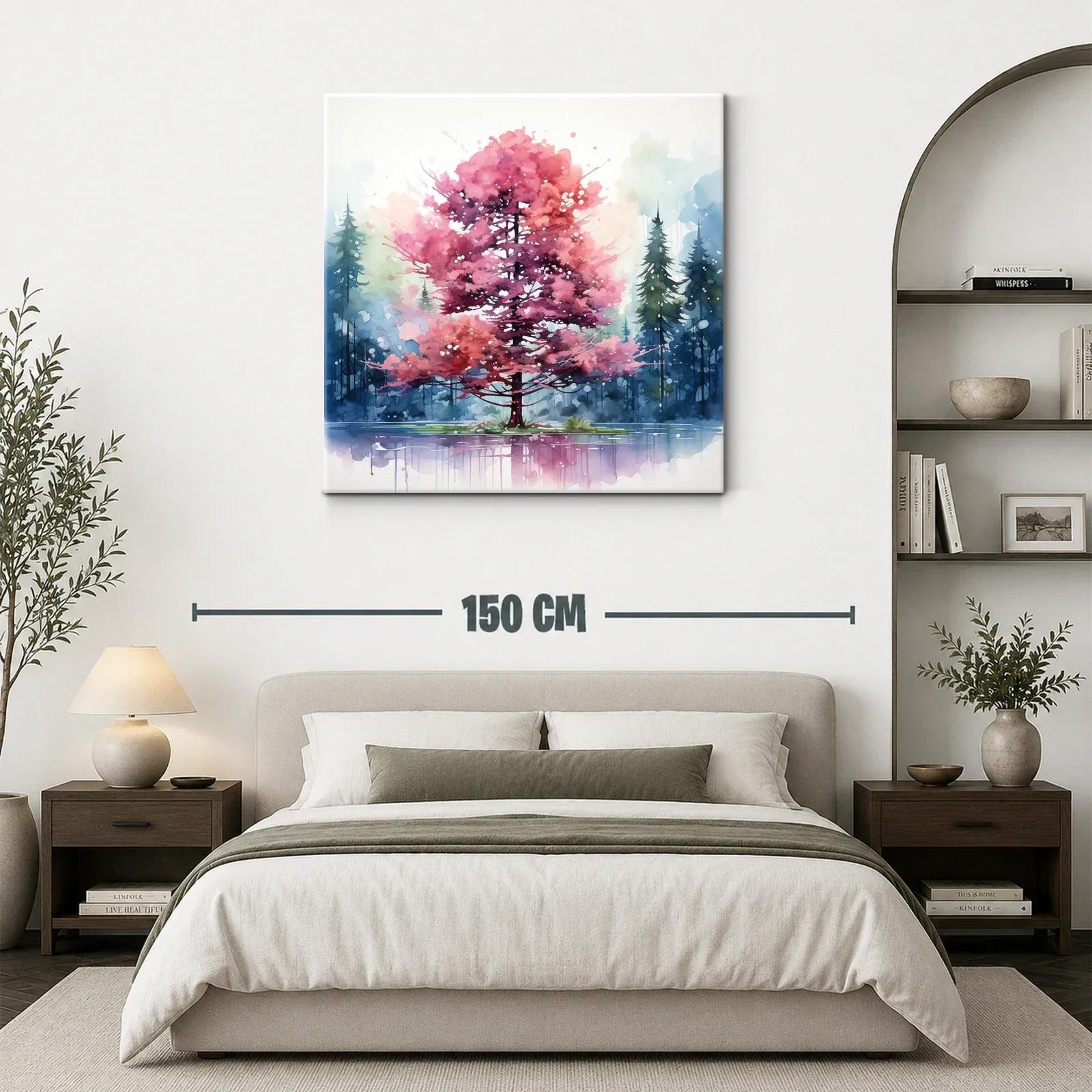 Árbol rosa en lago con fondo de pinos azules y verdes — miniatura 3
