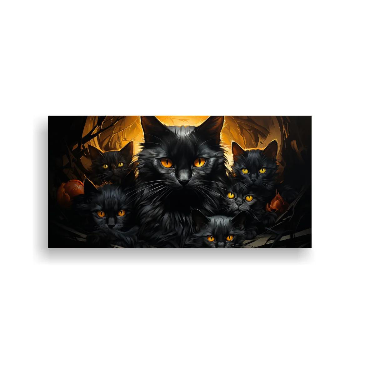 Cuadro gatos negros de ojos ámbar con calabazas