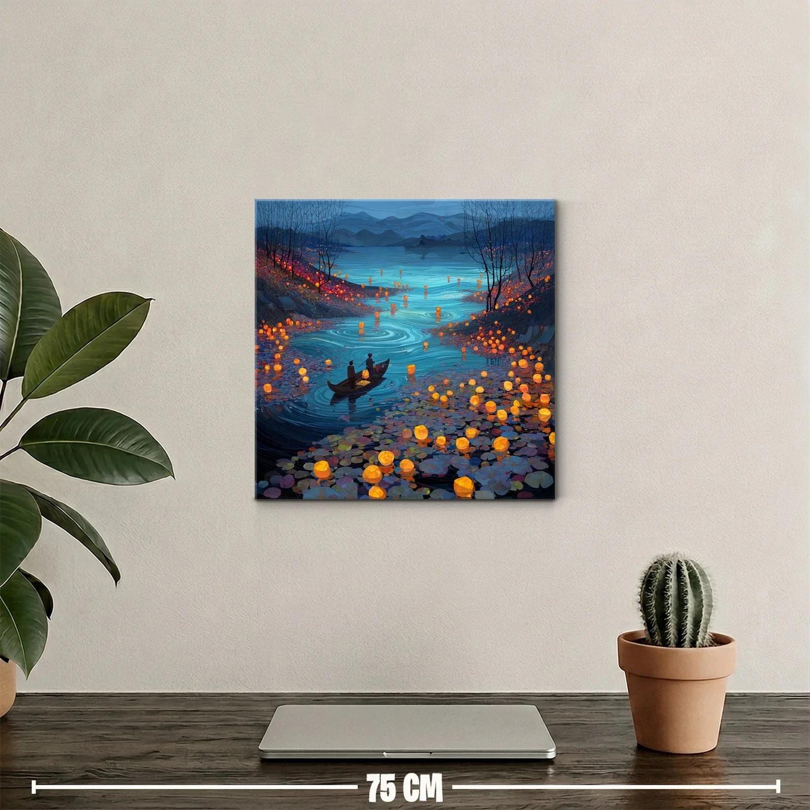 Río iluminado con faroles flotantes al atardecer — miniatura 2