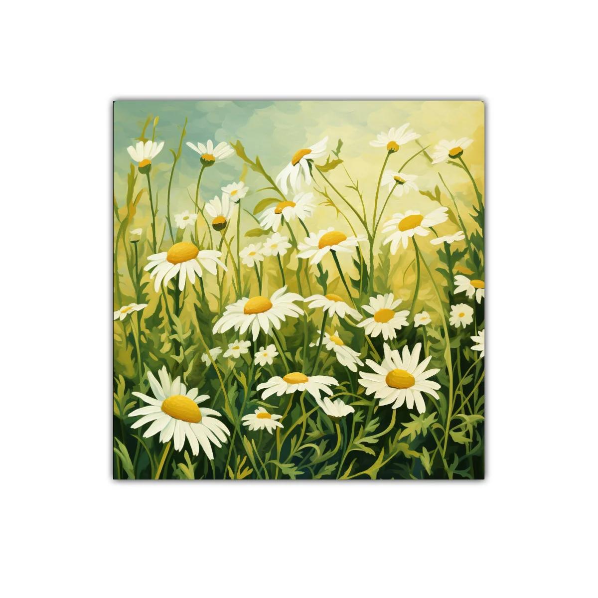 Cuadro decorativo con campo de margaritas en tonos verdes y amarillos — imagen principal