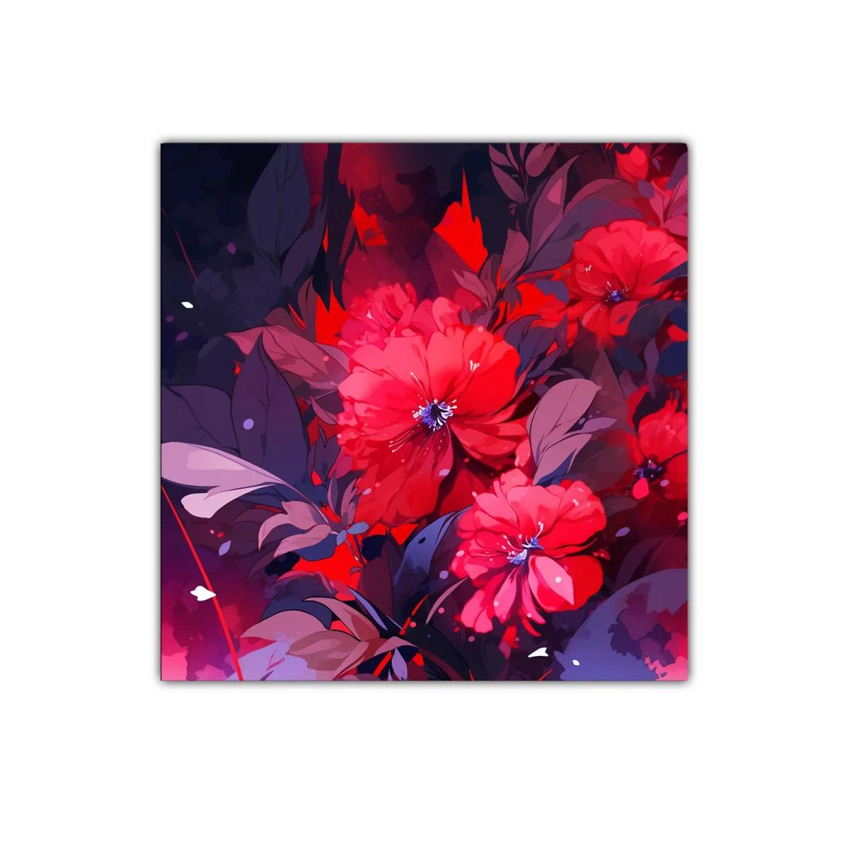 Cuadro floral con vibrantes tonos rojos y follaje oscuro