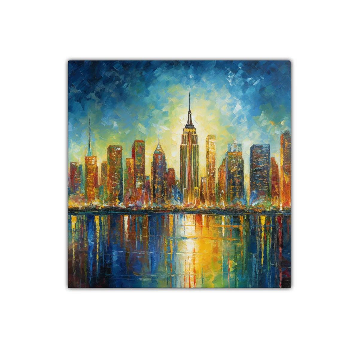 Atardecer vibrante sobre skyline urbano reflejado en el agua