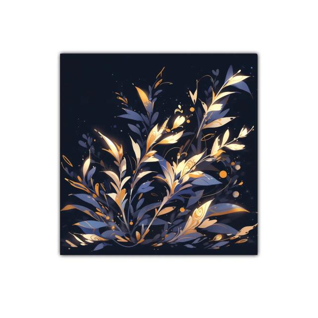 Composición floral con tonos dorados y azules en fondo oscuro