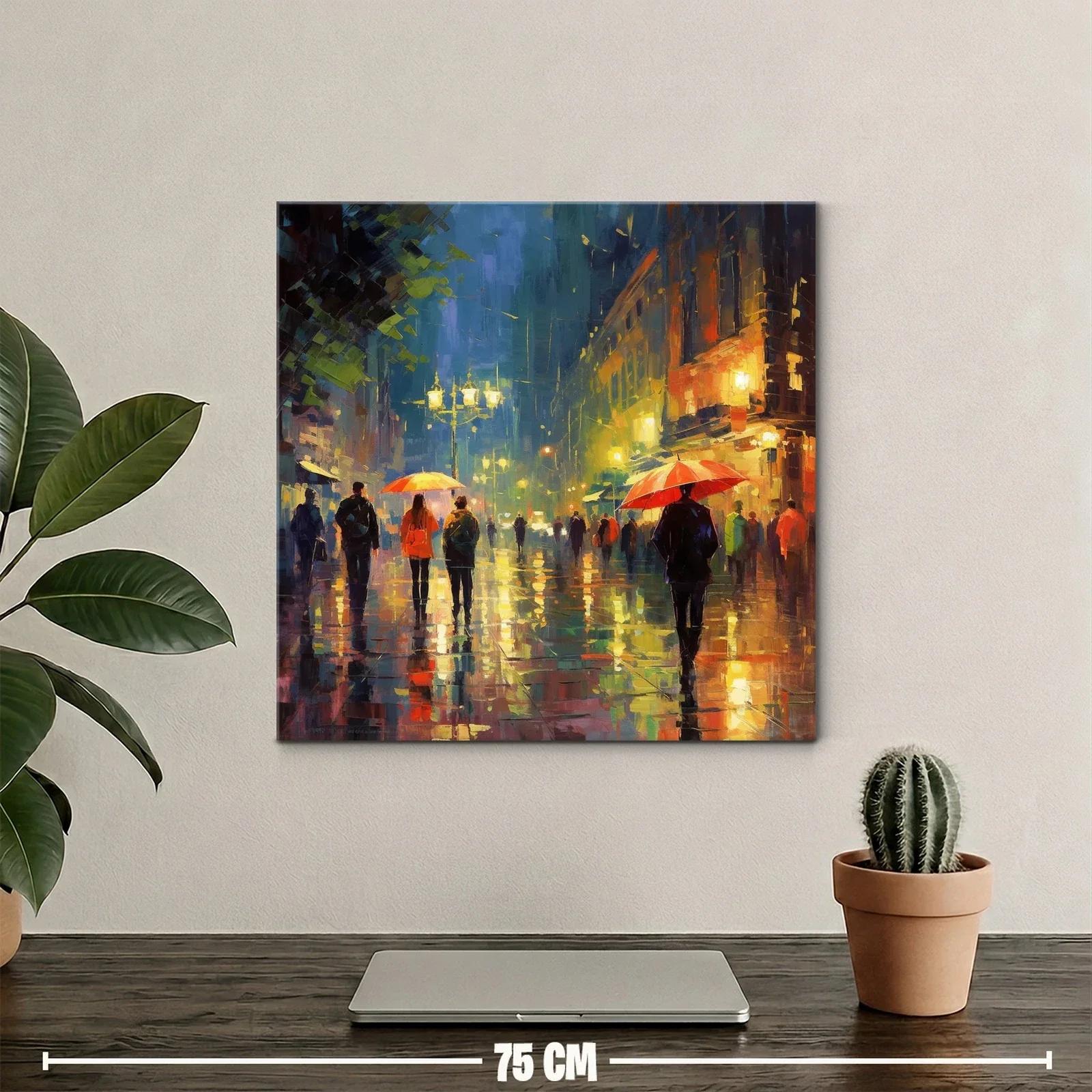 Escena urbana nocturna con paraguas en calles lluviosas — miniatura 2