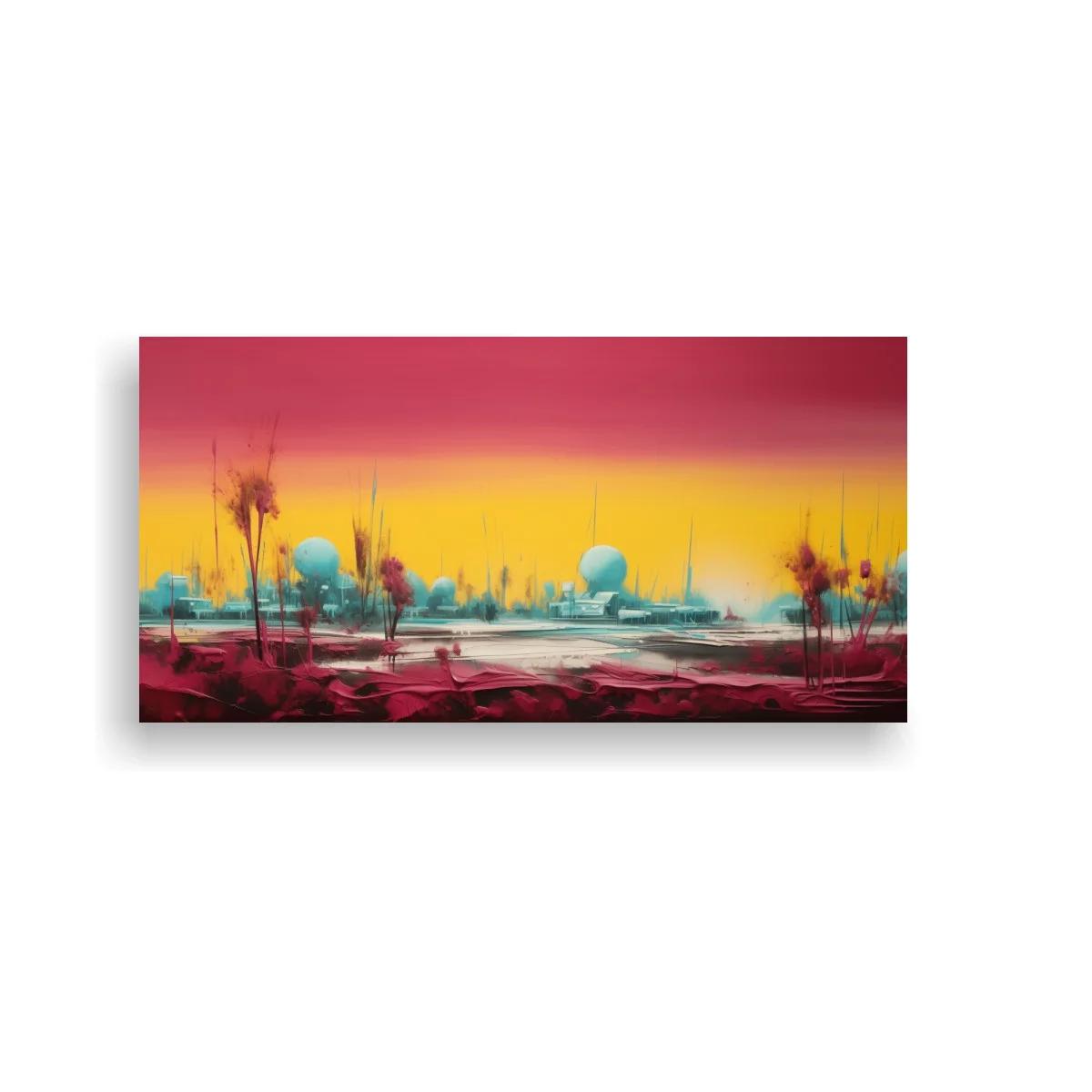 Cuadro paisaje surrealista con árboles y copas turquesa