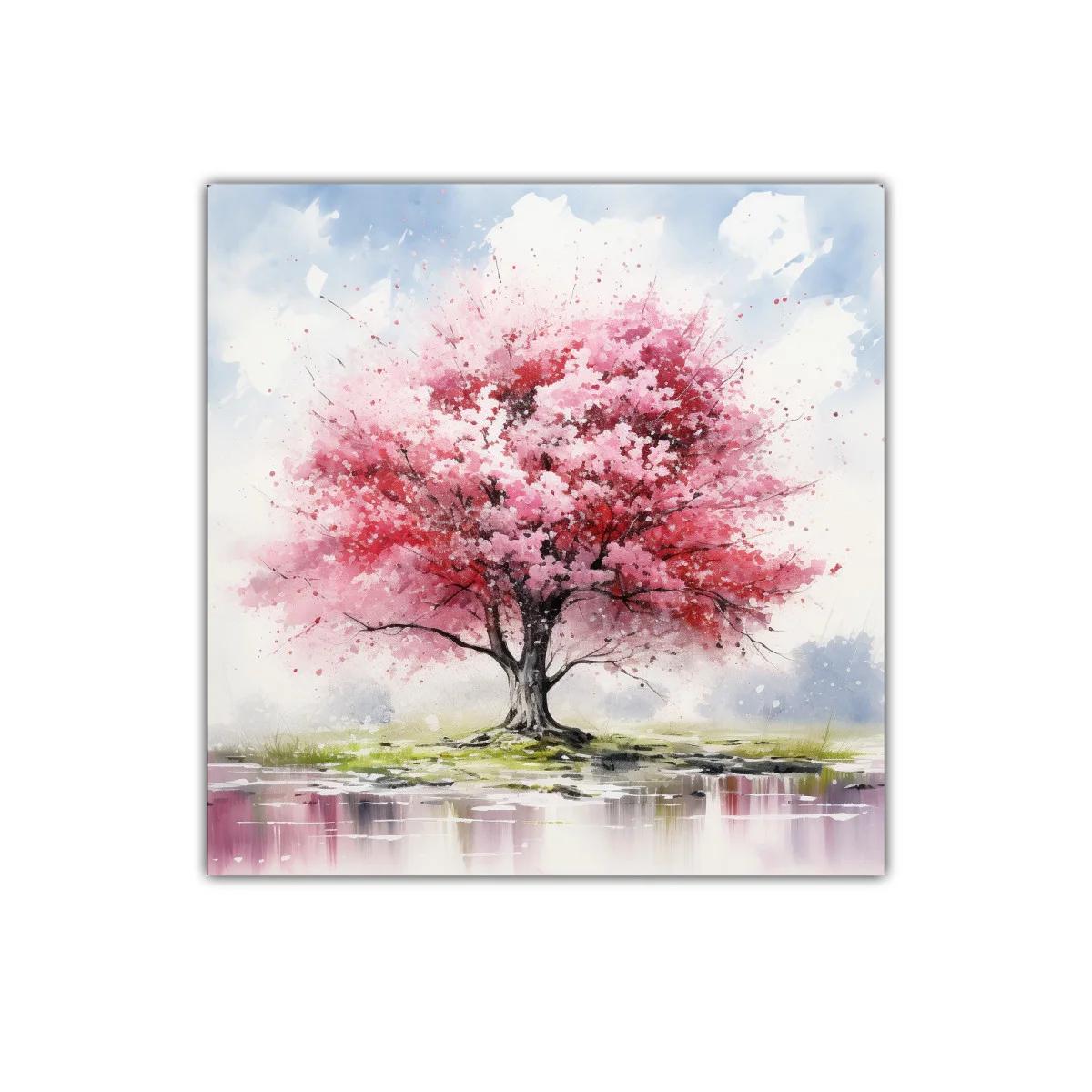 Árbol en flor con tonos rosas y paisaje sereno