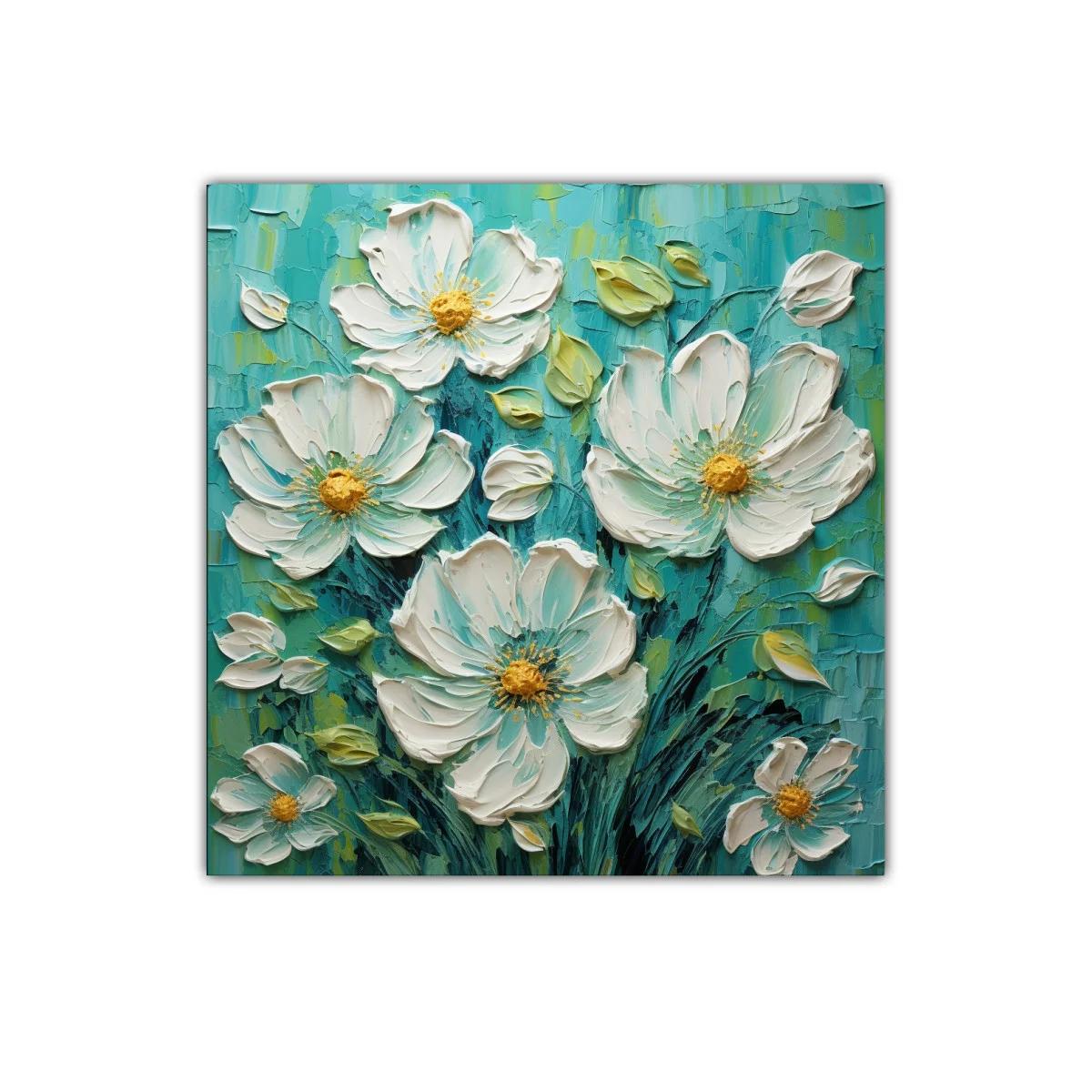 Cuadro floral con flores blancas sobre fondo turquesa — imagen principal