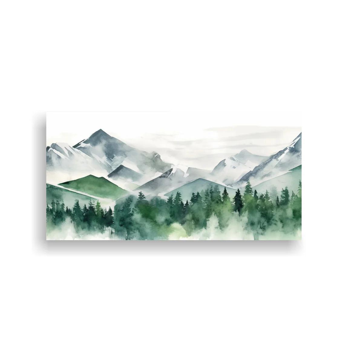 Cuadro cordillera de montañas con bosque de pinos y toques de nieve
