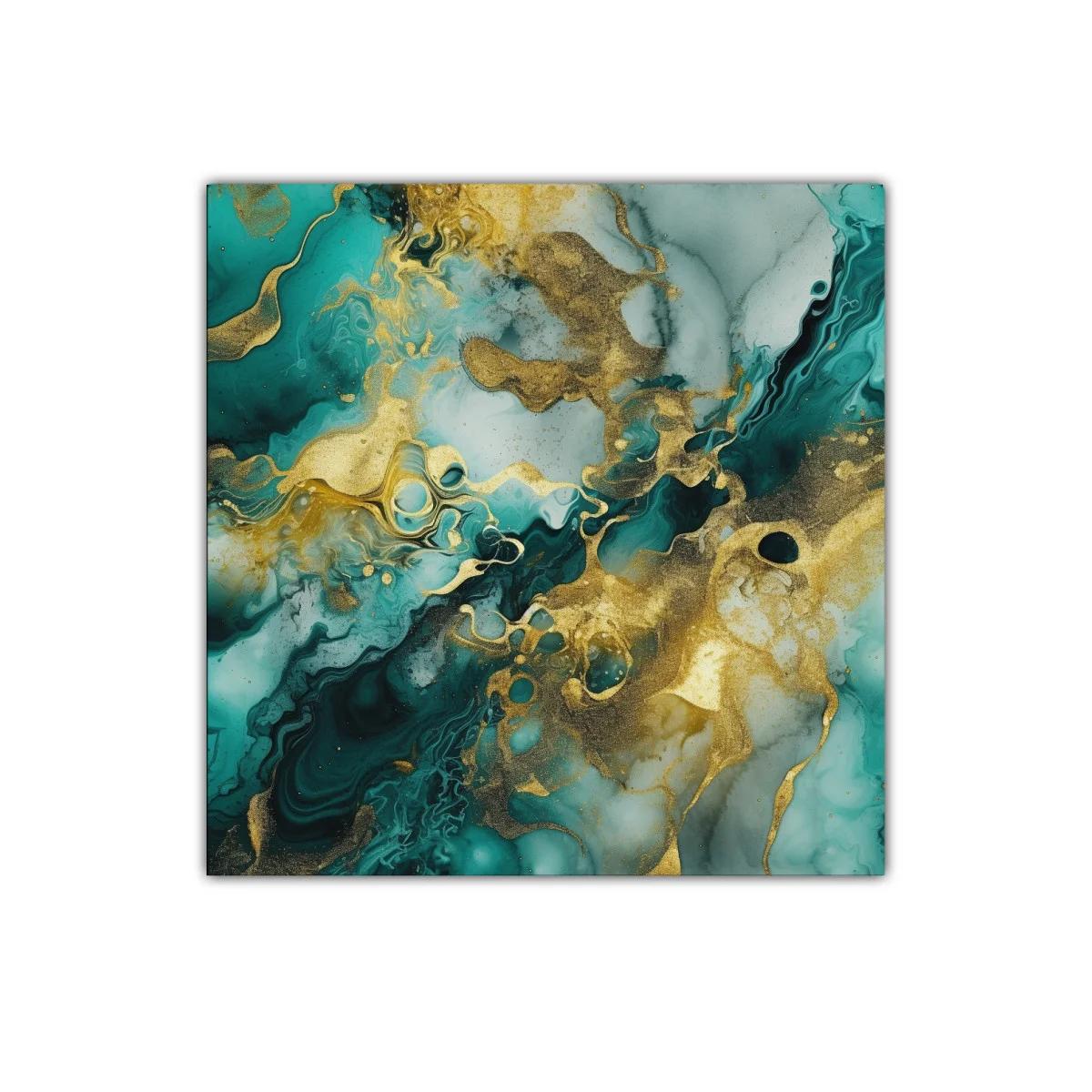 Cuadro abstracto con dorado y tonos verdes marinos vibrantes
