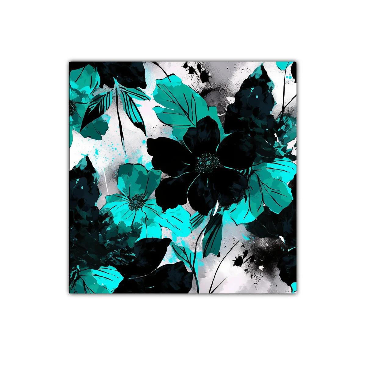 Cuadro decorativo floral en tonos turquesa y negro vibrante — imagen principal