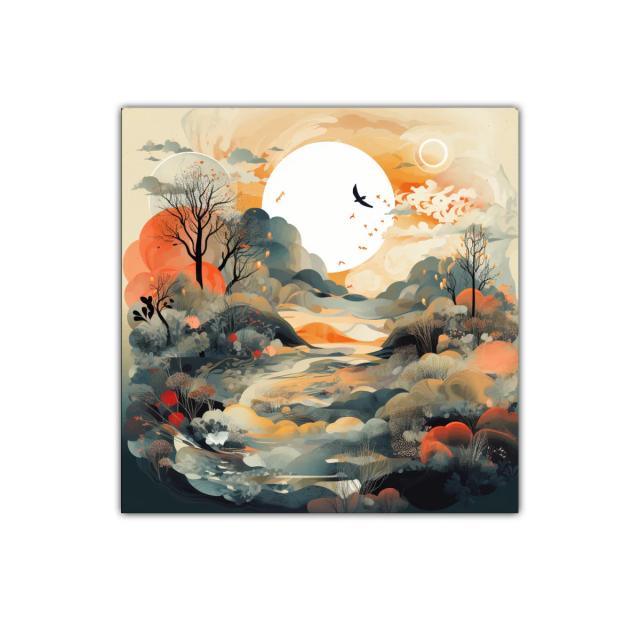 Paisaje onírico con tonos cálidos y siluetas suaves