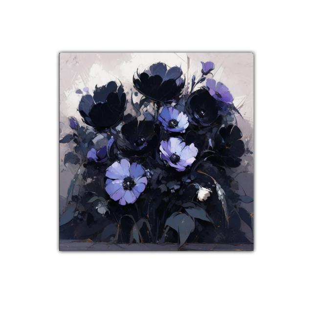 Ramo de flores moradas y negras con fondo neutro
