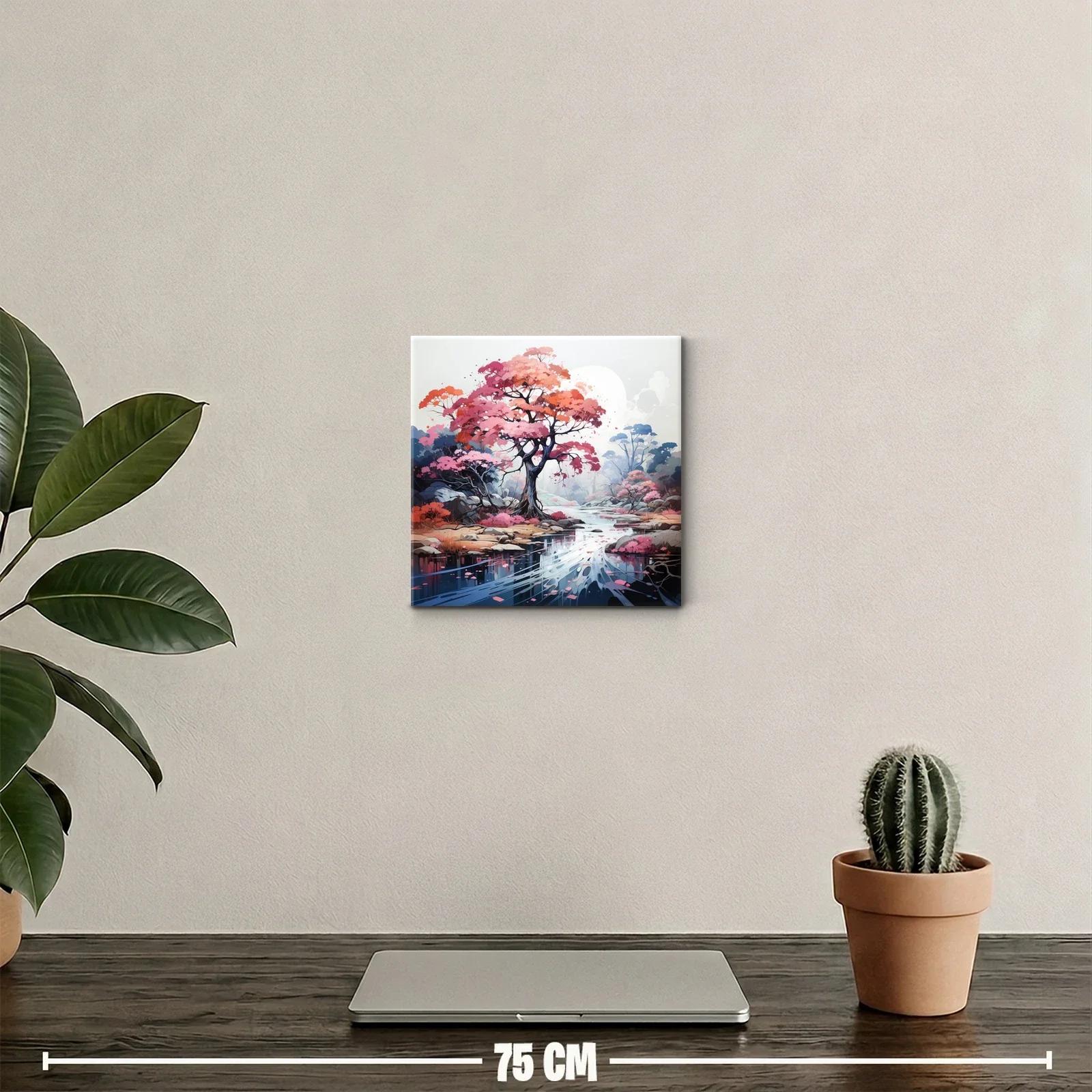 Paisaje sereno con árbol rosa junto a río reflejante — miniatura 2