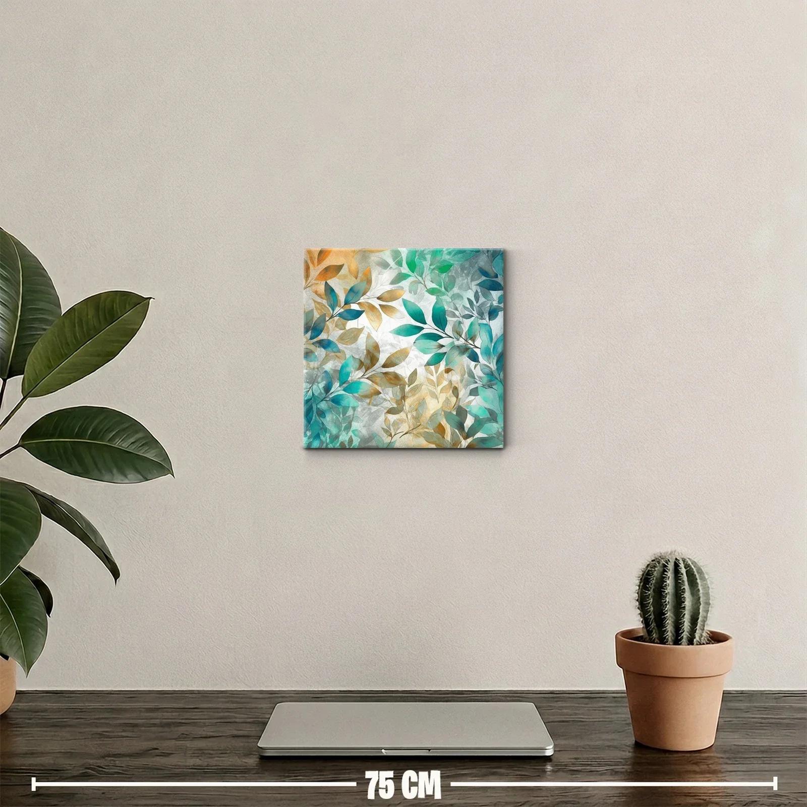 Cuadro decorativo con hojas en tonos azules y dorados — miniatura 2