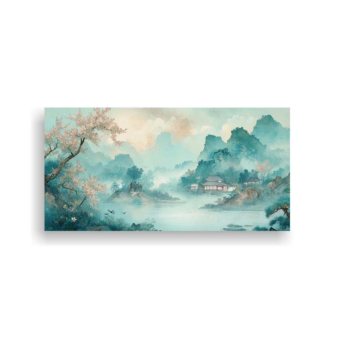 Cuadro paisaje montañoso con lago y pagoda