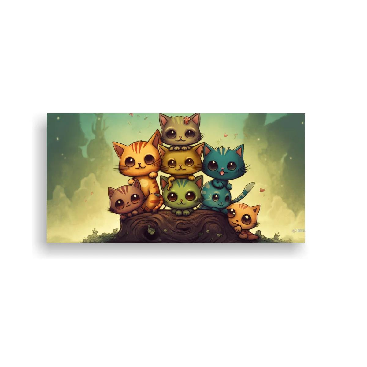 Cuadro grupo de gatos caricaturescos sobre tronco