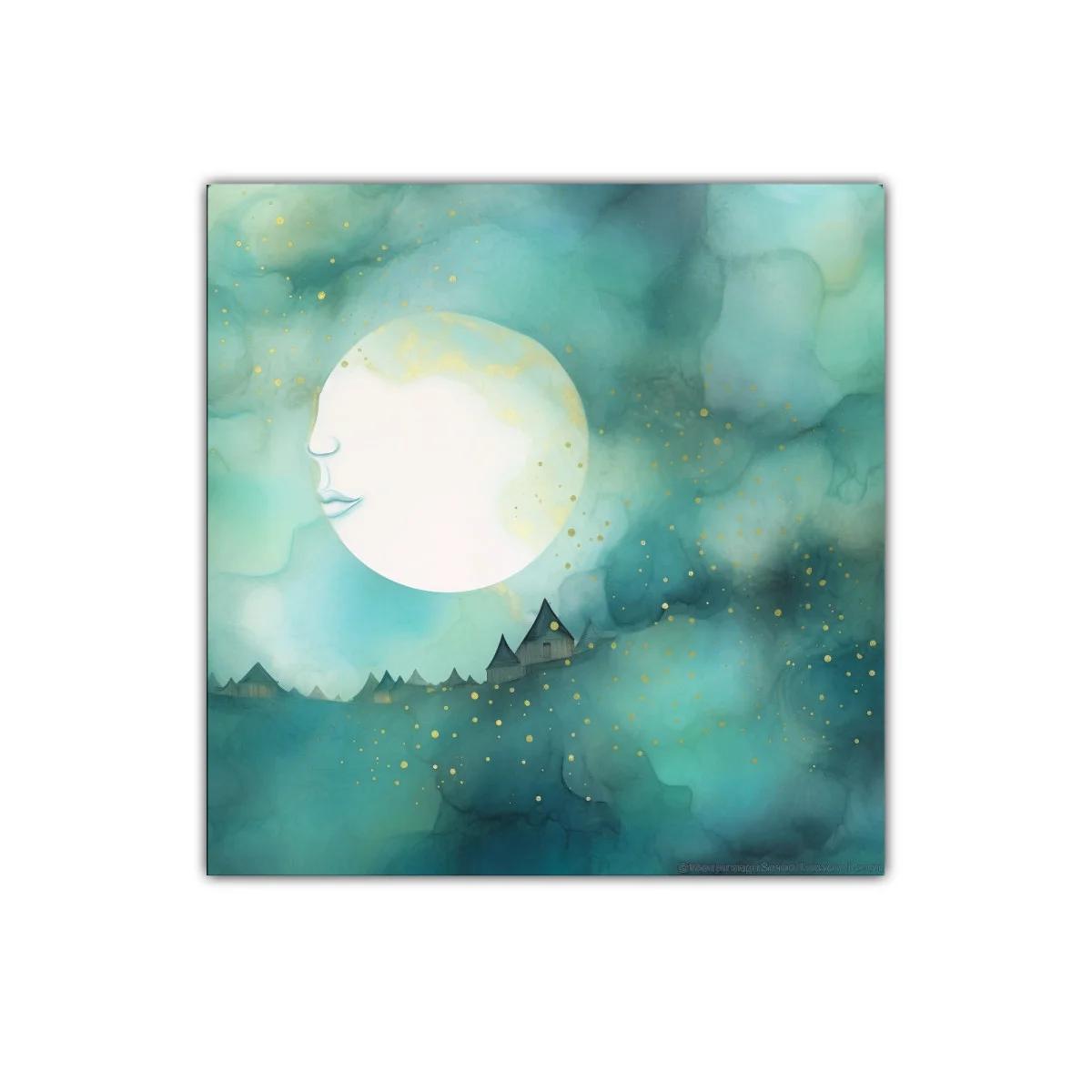 Luna soñadora sobre paisaje etéreo azul y dorado — imagen principal