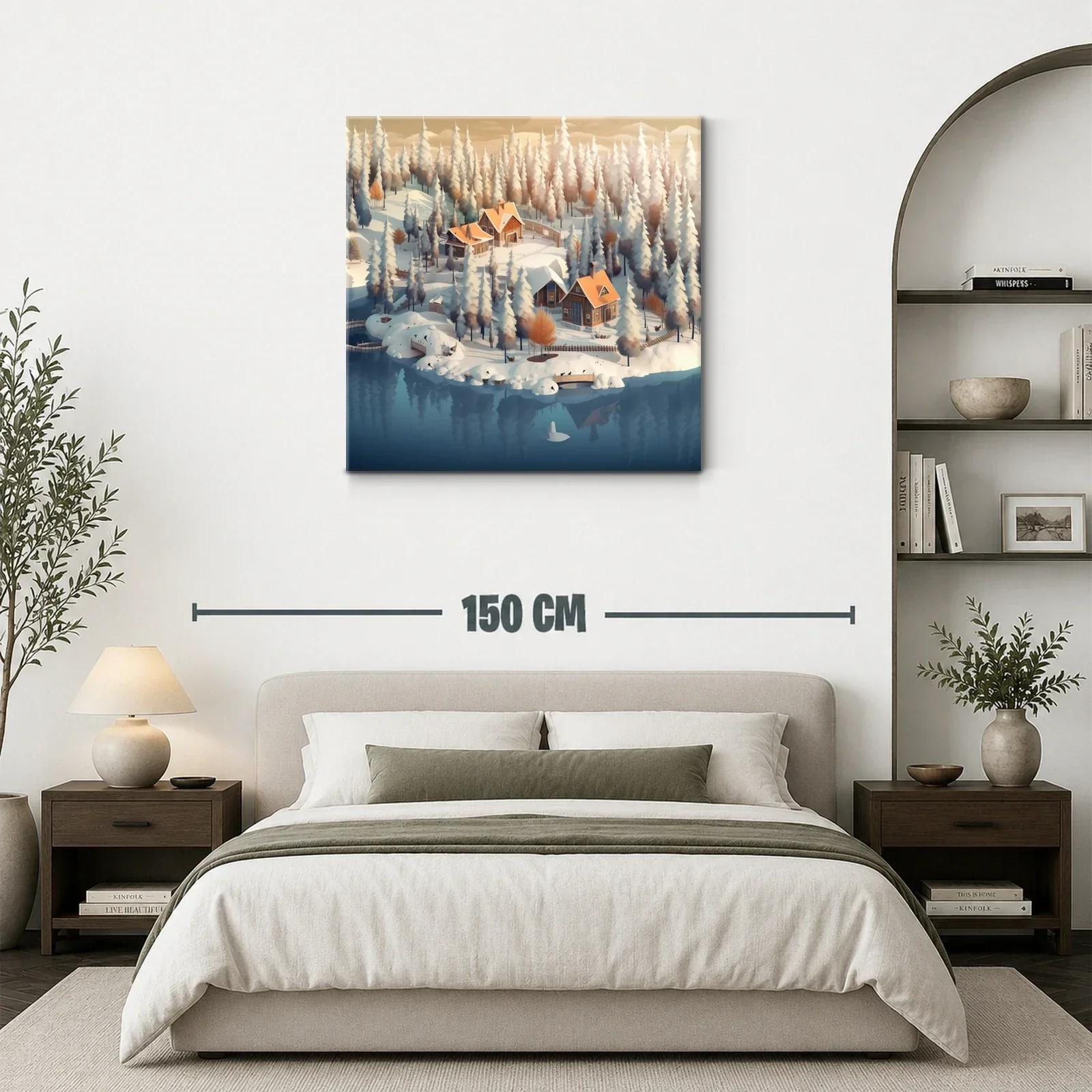 Paisaje invernal con casas acogedoras junto al lago — miniatura 3
