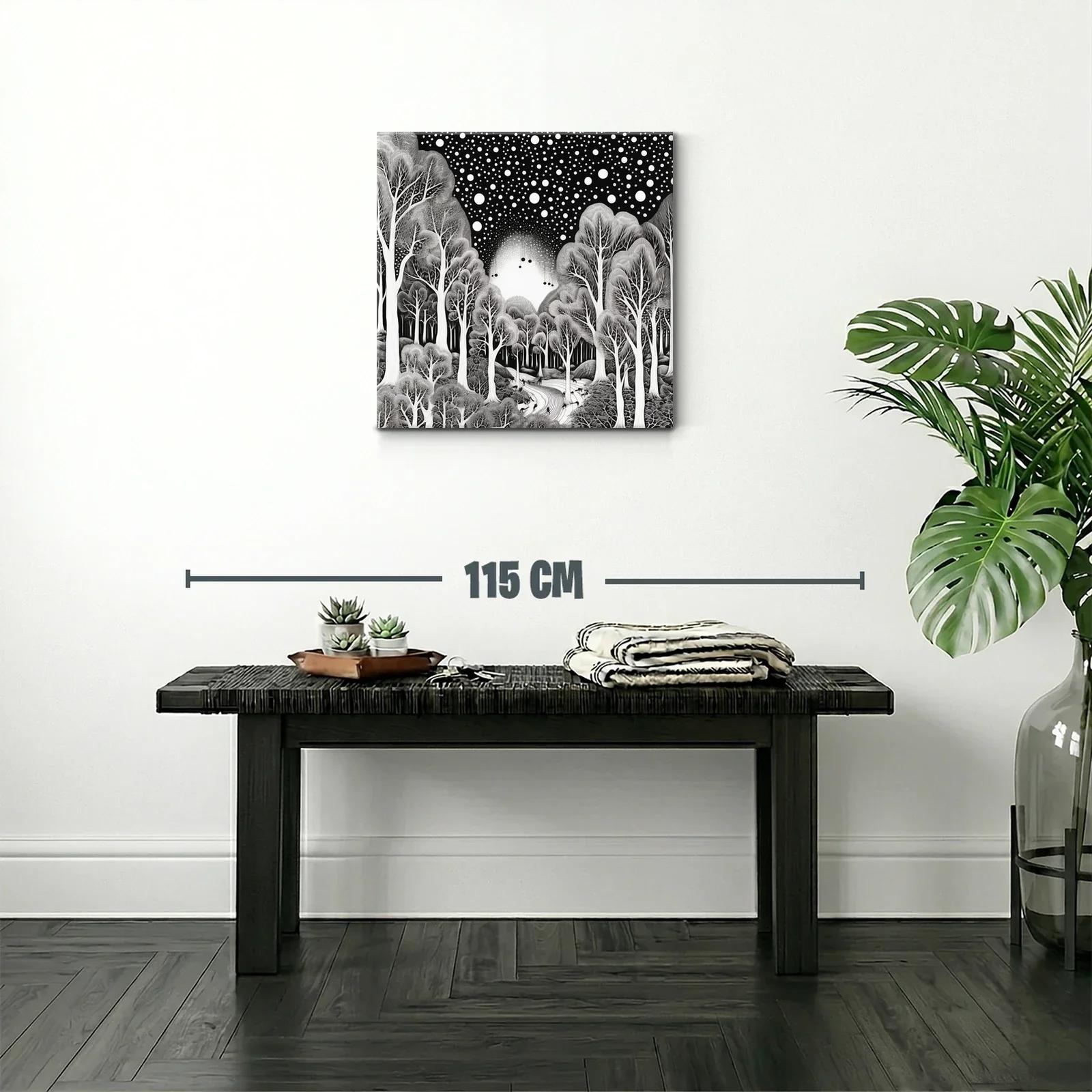 Bosque mágico bajo un cielo estrellado en blanco y negro — miniatura 2