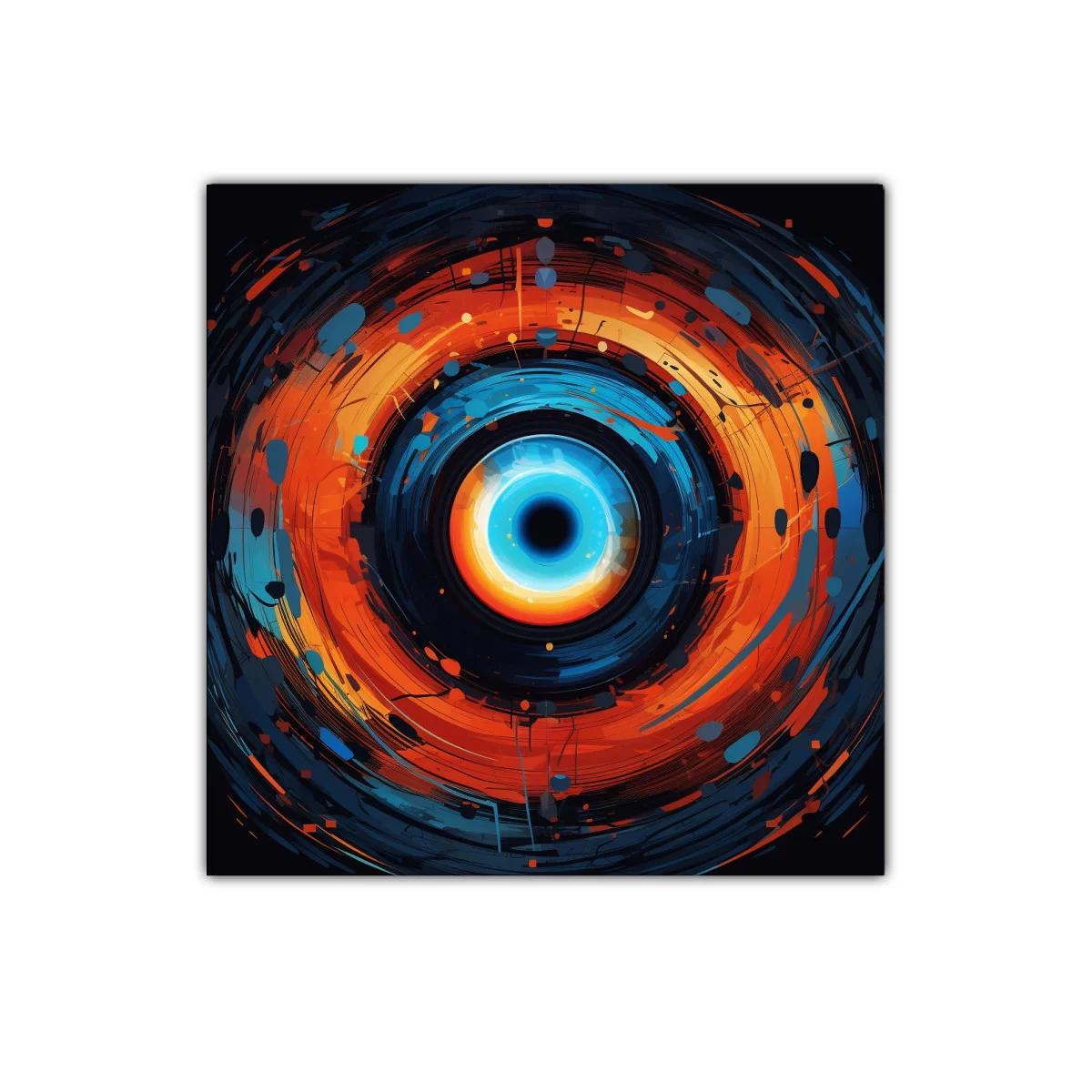 Cuadro abstracto con espiral vibrante en tonos azules y naranjas