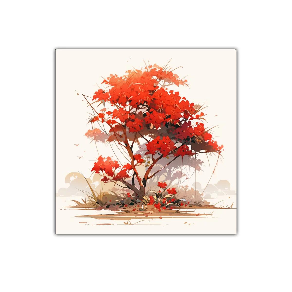 Árbol con flores rojas en paisaje minimalista y cálido — imagen principal