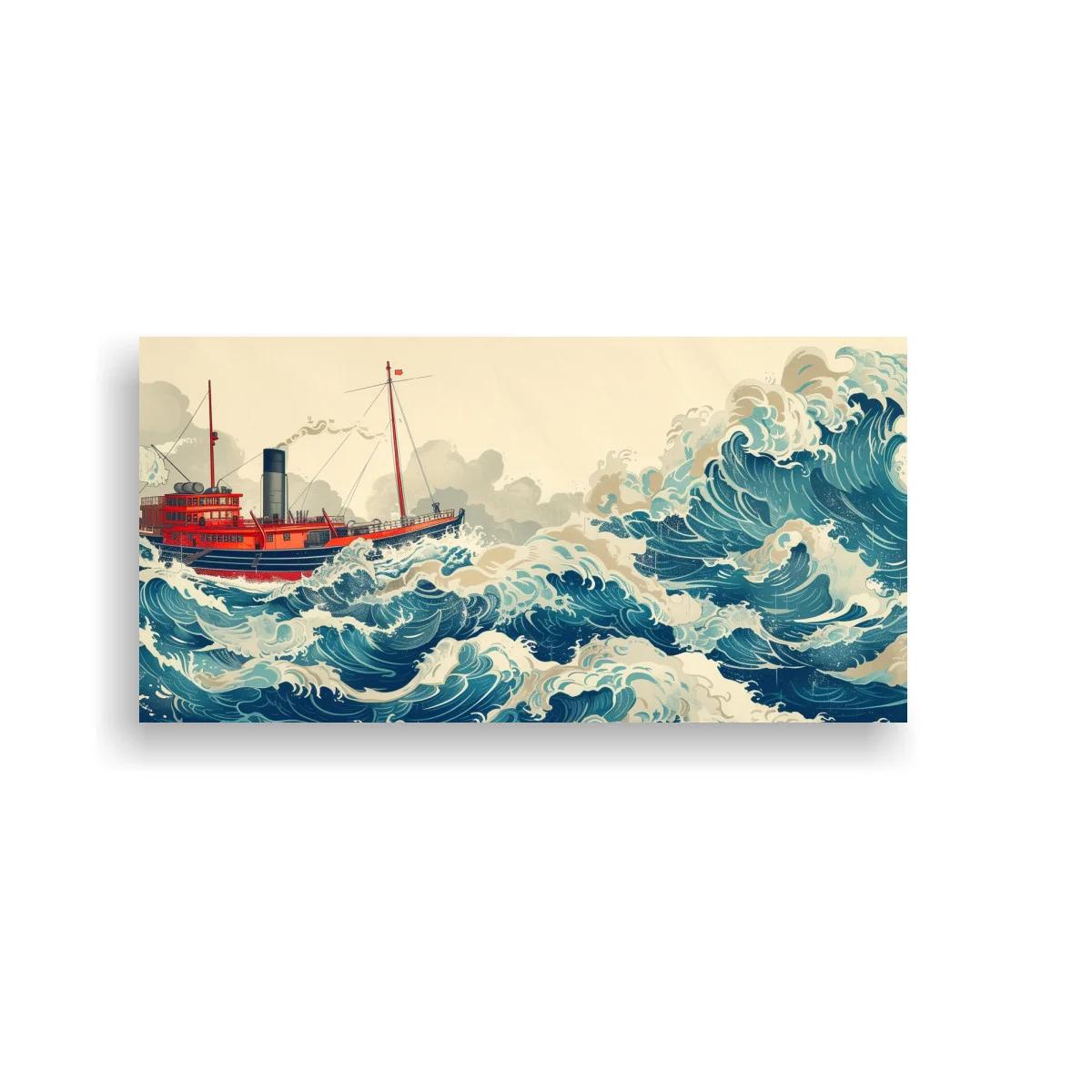 Cuadro barco pesquero rojo entre olas azules — imagen principal