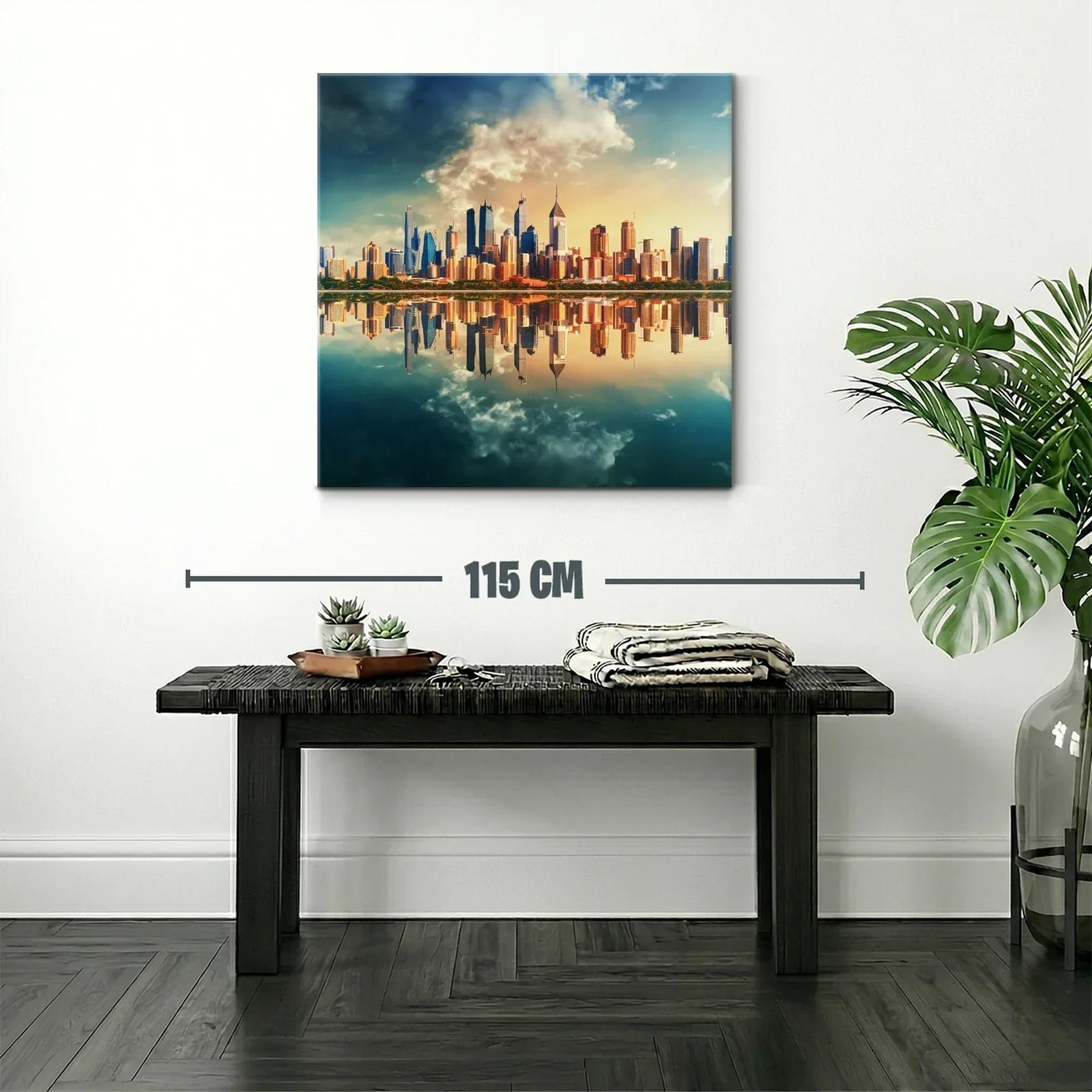 Horizonte urbano reflejado en laguna al atardecer — miniatura 2