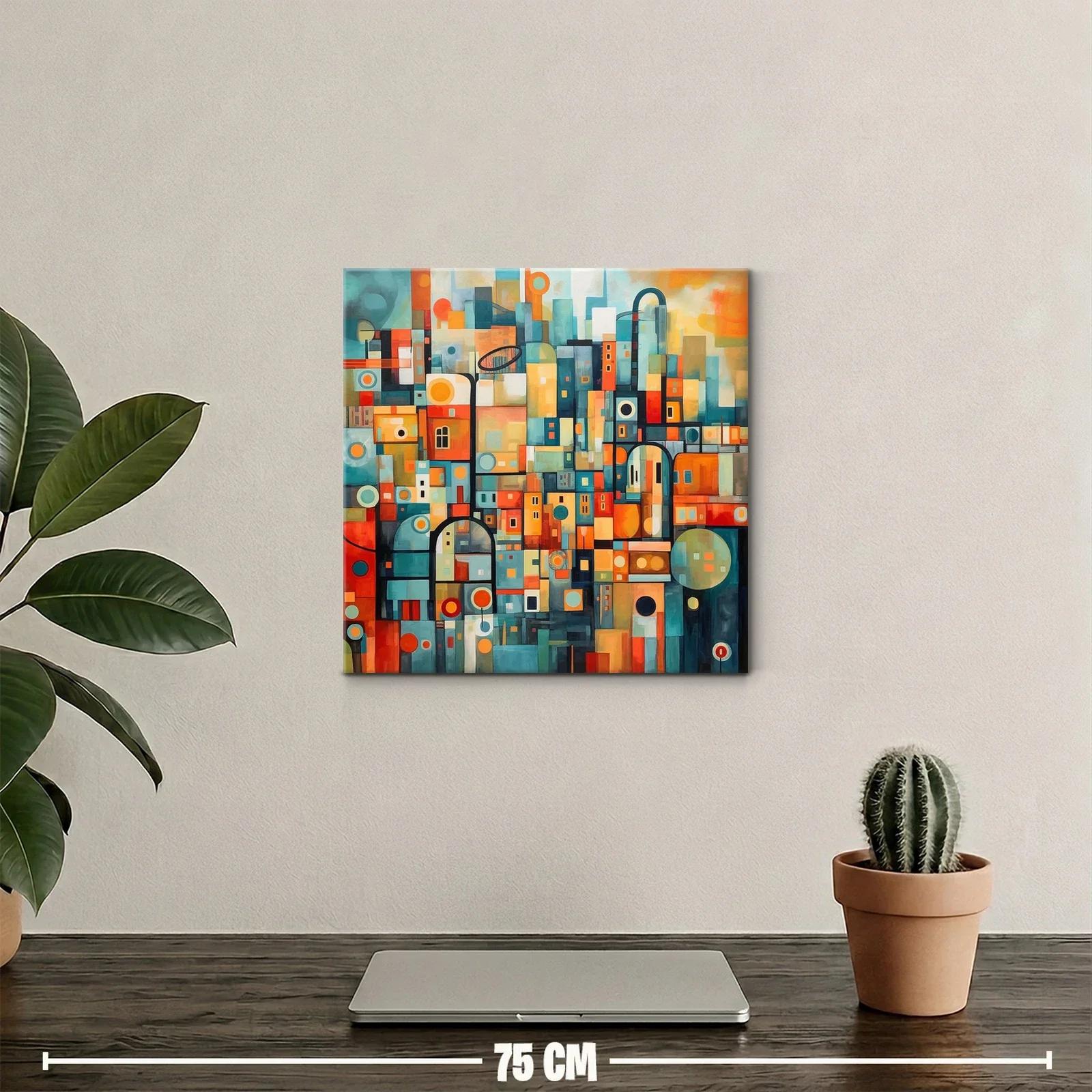 Cuadro abstracto con formas geométricas en tonos cálidos y fríos — miniatura 2