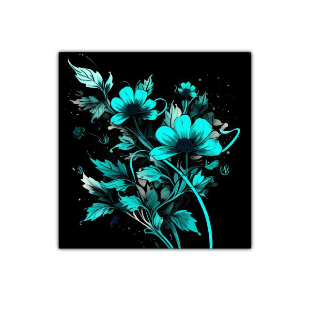 Flores vibrantes en tonos turquesa sobre fondo negro