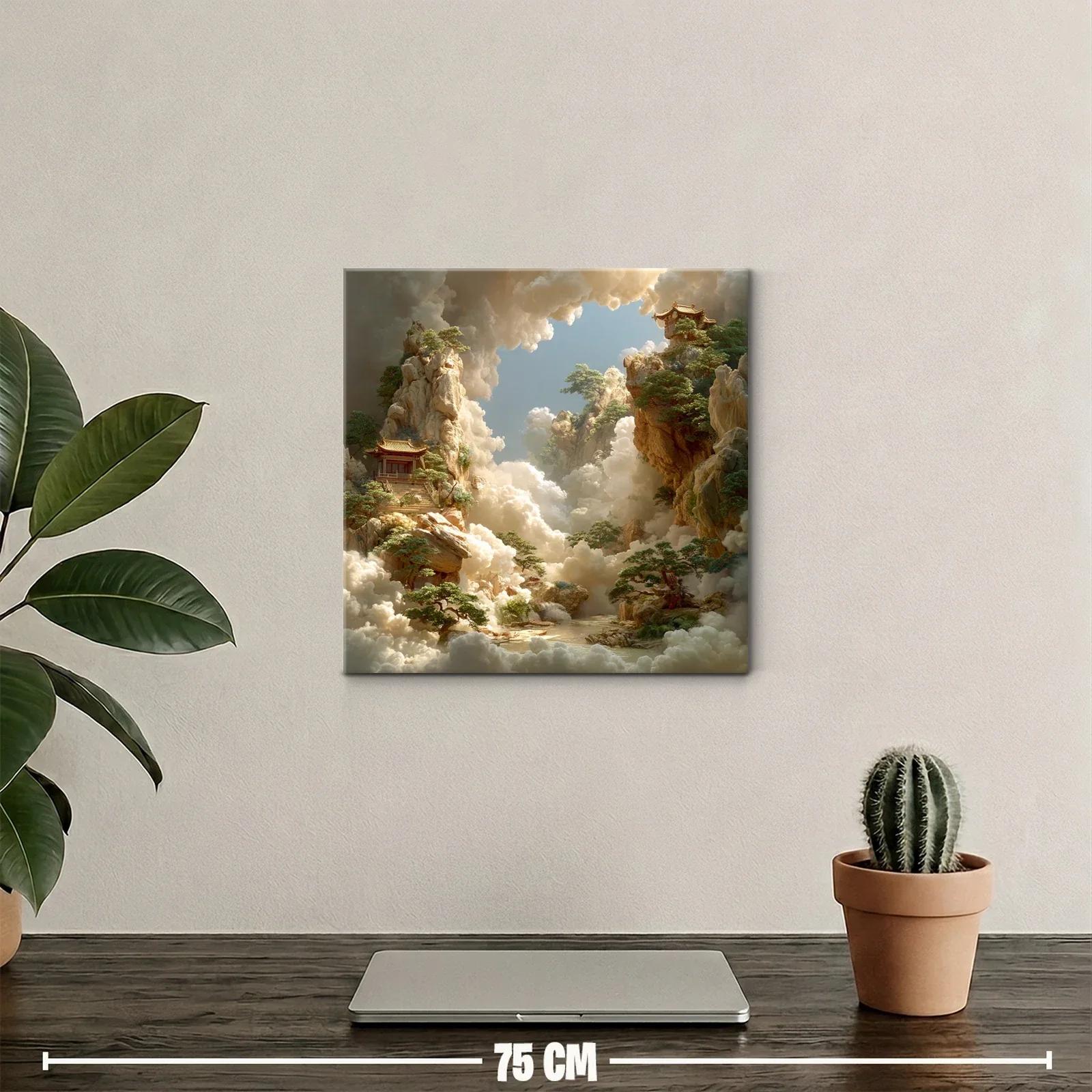 Paisaje onírico con templos en jardines elevados y nubes doradas — miniatura 2
