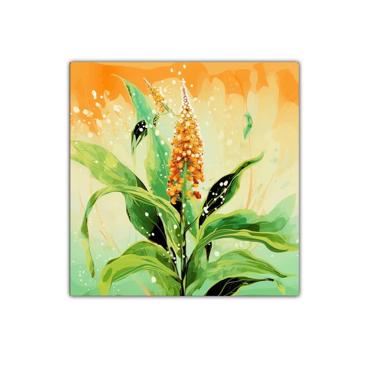Cuadro decorativo planta tropical con tonos verdes y naranjas
