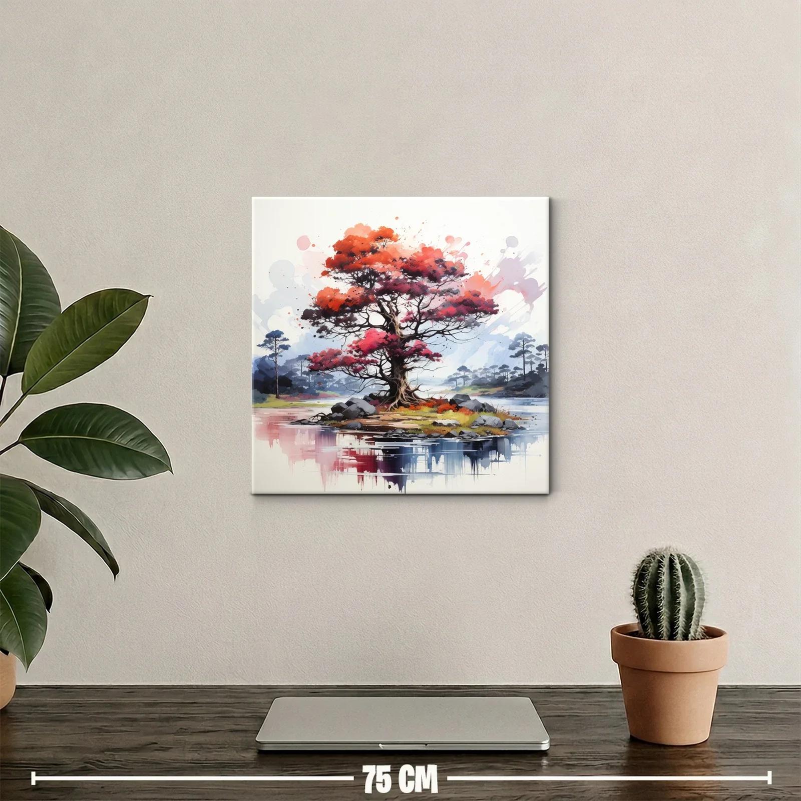 Árbol rojo vibrante en isla serena con reflejos de agua — miniatura 2