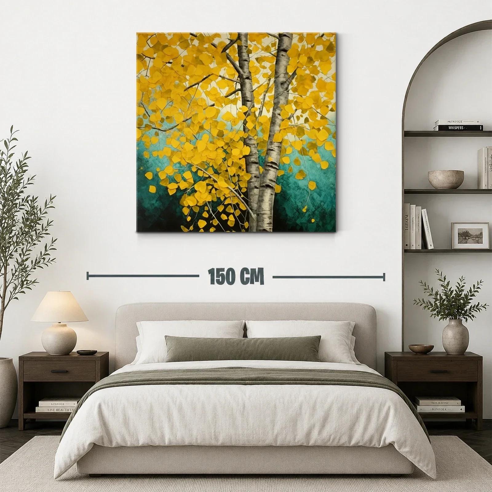Árbol de hojas doradas con tronco plateado en fondo turquesa — miniatura 3